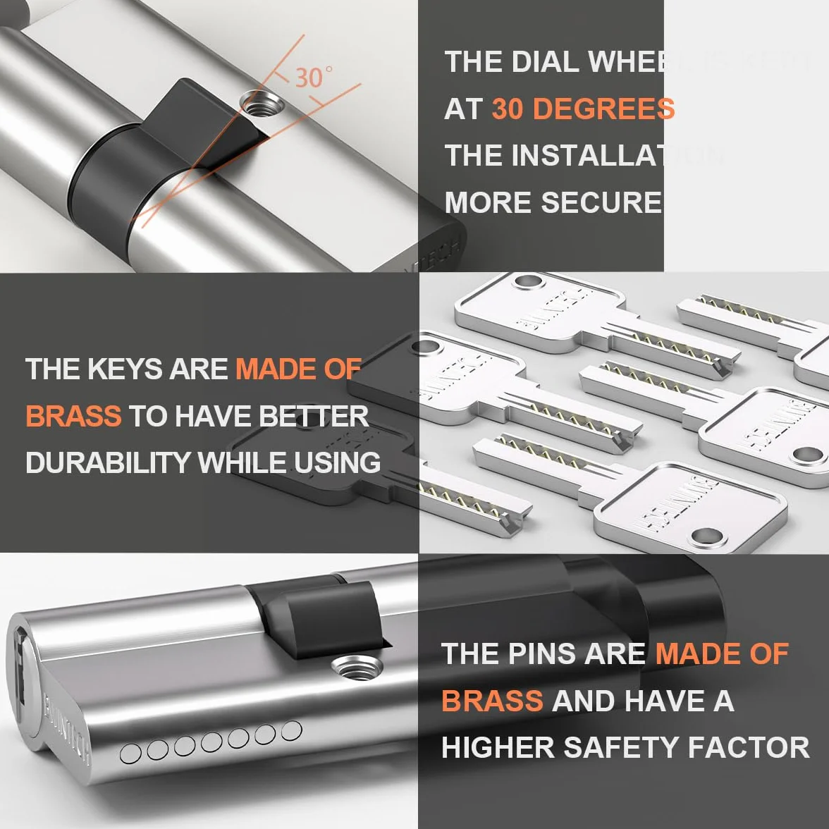 Bwintech 2 pieza 35T/35mm Euro Latón Cilindro, 70mm Thumbturn/Key Barrel Lock con 10 llaves horizontales de latón, tiene antirrobo, antiperforación, antigolpes, antigolpes, níquel satinado