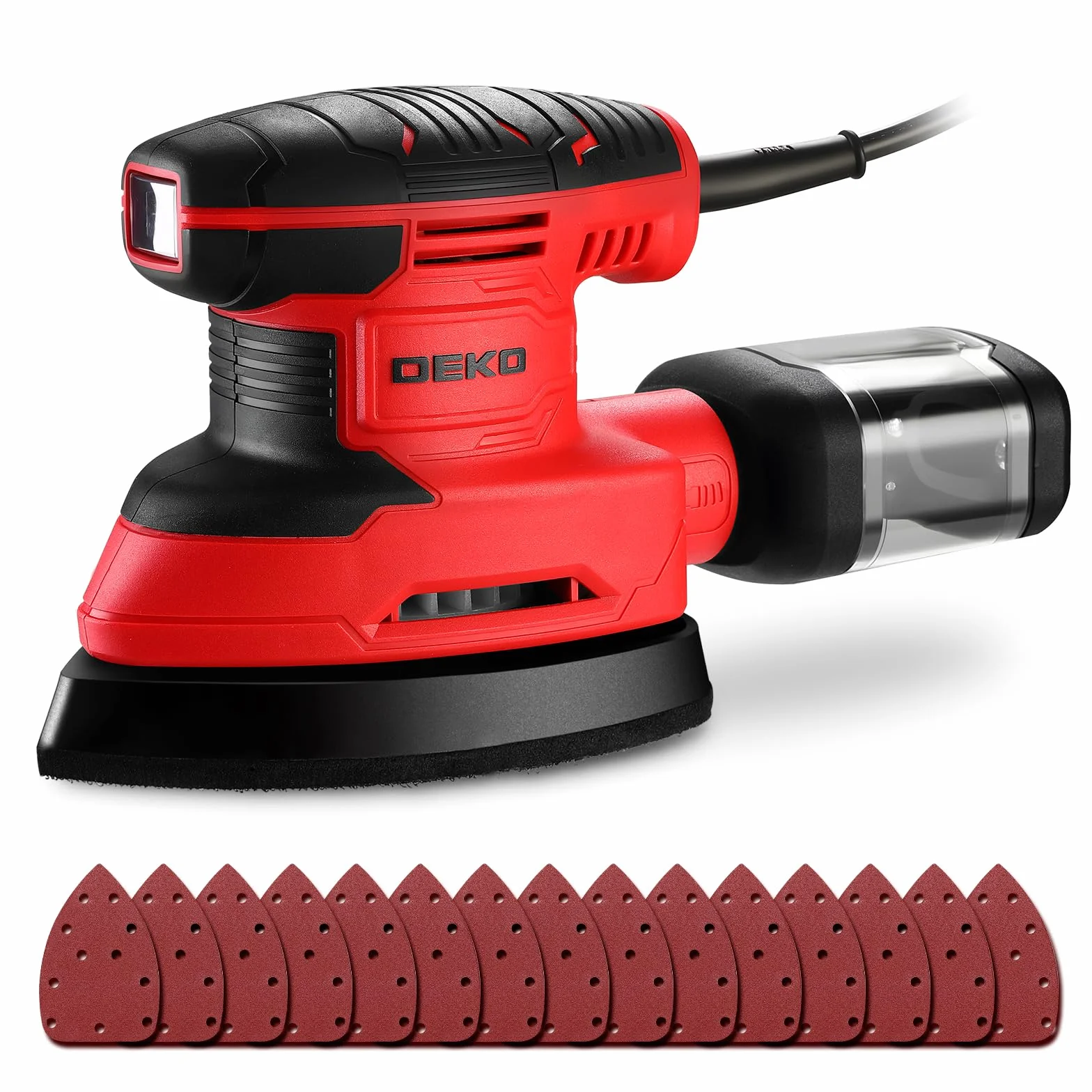DEKOPRO Lijadora Electrica de 180W, Herramienta de Lijadora Orbital, 13000 RPM, con 15 Hojas de Papel de Lija - Lijado y Pulido de la Eliminación de la Madera, Rojo