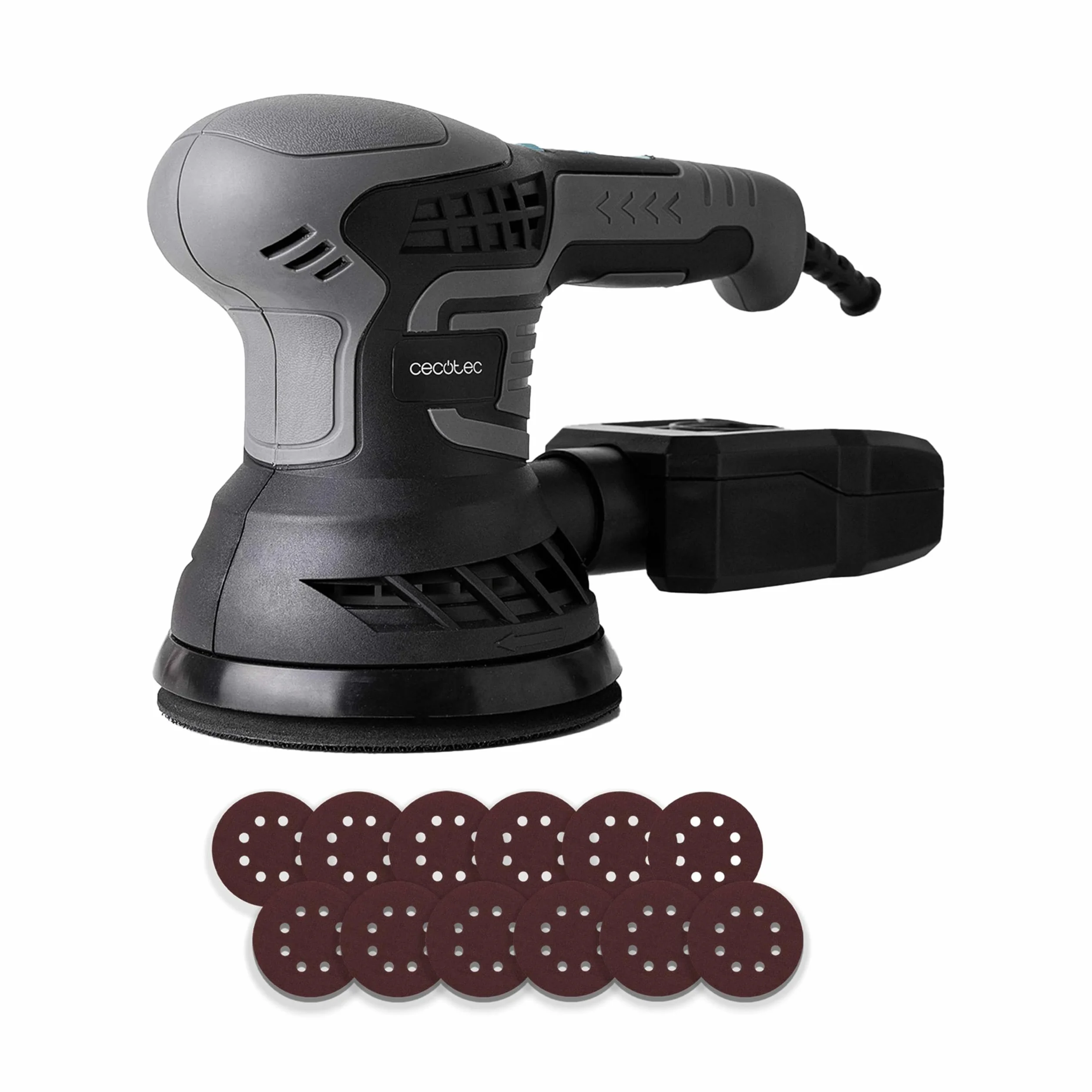 Cecotec Lijadora Rotorbital PerfectSurface 350 Rotate. 350W, 13000rpm, 12 Recambios, Depósito de Polvo, Conexión para el Aspirador, Doble Movimiento Excéntrico, 26000mov/min, Cable de 3m