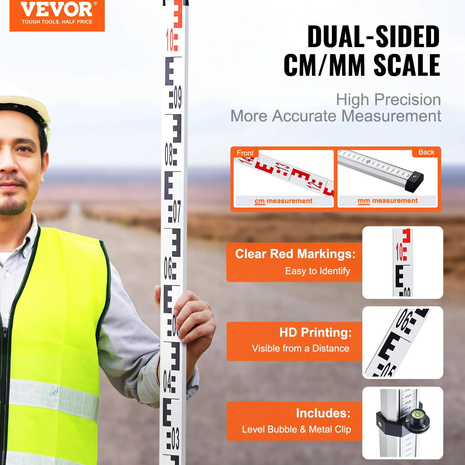 VEVOR Varilla de Medición Telescópica de 5 m con Escala de Doble Cara en cm/mm, Aleación de Aluminio con Nivel de Burbuja y Bolsa de Transporte para Medir Casas, Paredes y Pisos, 5000 x 57 x 35 mm
