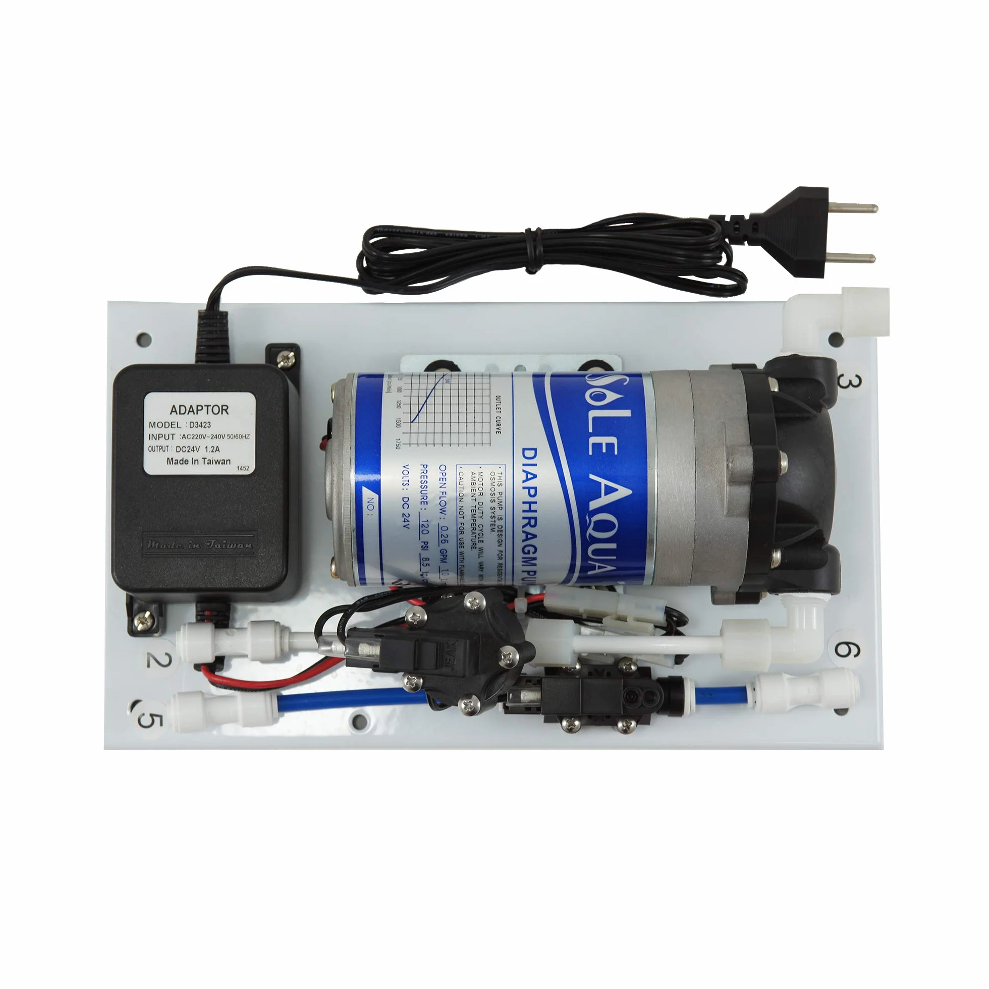 Kit de Bomba para equipos de Osmosis Inversa. Adaptable a todos los modelos de equipos de osmosis inversa. Incluye todo los necesario para la Instalación. Bbagua.