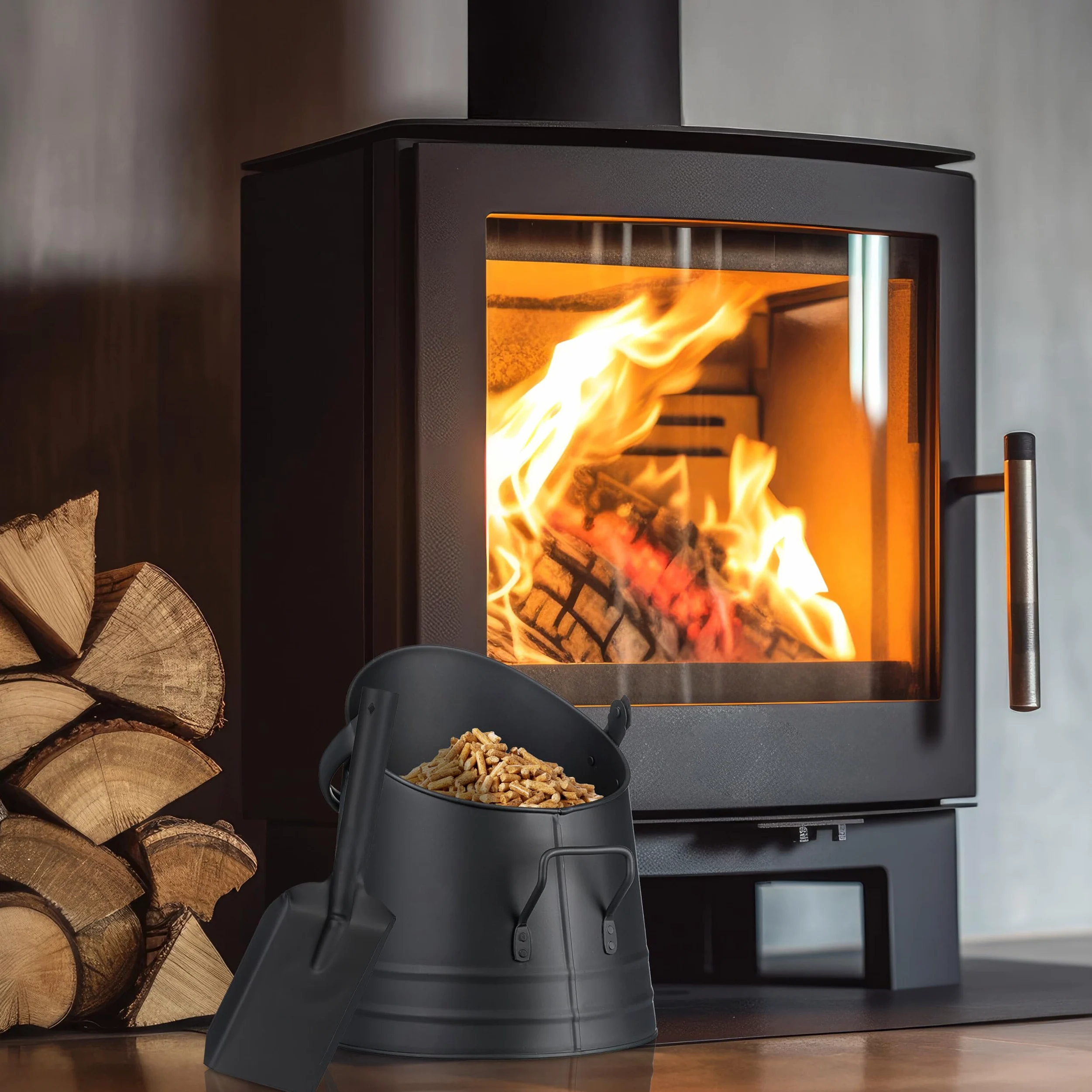 Relaxdays Cubo Cenizas, Pala, Asa y Agarre, 6,5 L, Pellets, Briquetas, Accesorios Chimenea, Recipiente Carbón, Negro