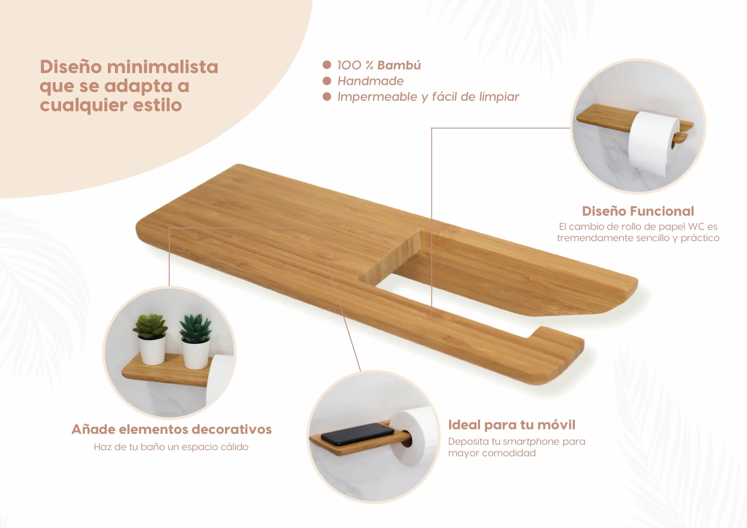 Portarrollos Papel Higiénico y Baño Sin Taladro Adhesivo | Soporte Bambu Decoración | Toilet Paper Holder | Soporte de Papel Higiénico + Toallero a Juego Disponible
