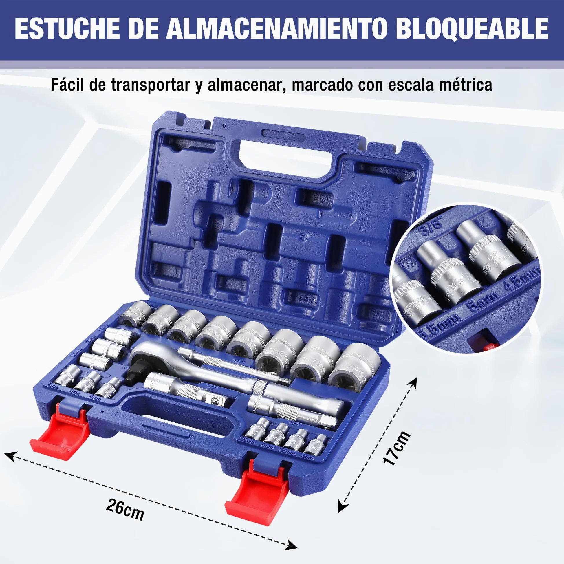 WORKPRO Caja Herramientas, Juego de Llaves de Vaso de 22 Piezas con Mango de Trinquete, Llave de Carraca de 1/4”, 3/8”, 1/2”, Llaves de Vaso Métricas de Acero C-V con Barras de Extensión, con Estuche