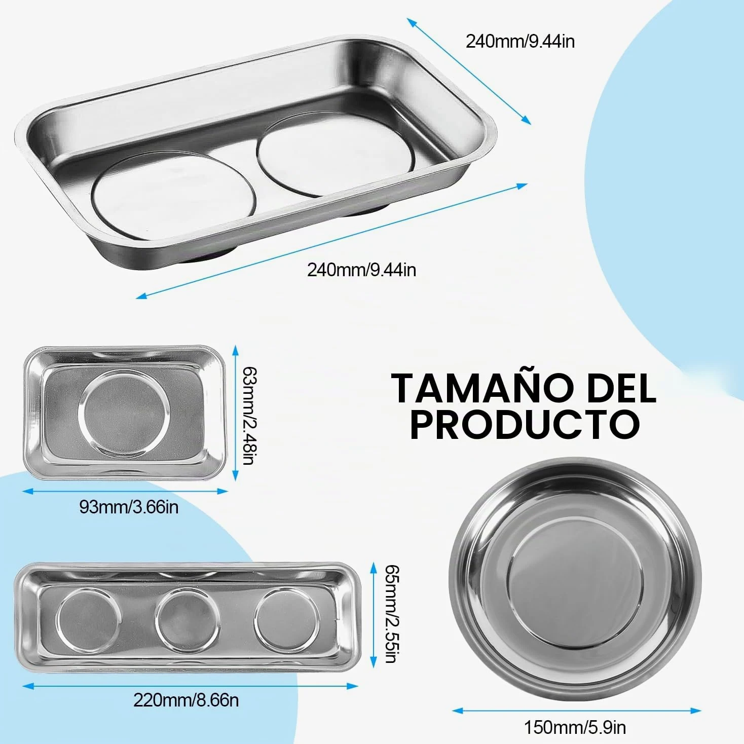 4 Piezas Juego de Bandejas Magnéticas, Bandejas de Acero Inoxidable Que Incluyen Bandejas Redondas y Rectangulares para Herramientas, Tornillos, Brocas y Clavos (4)