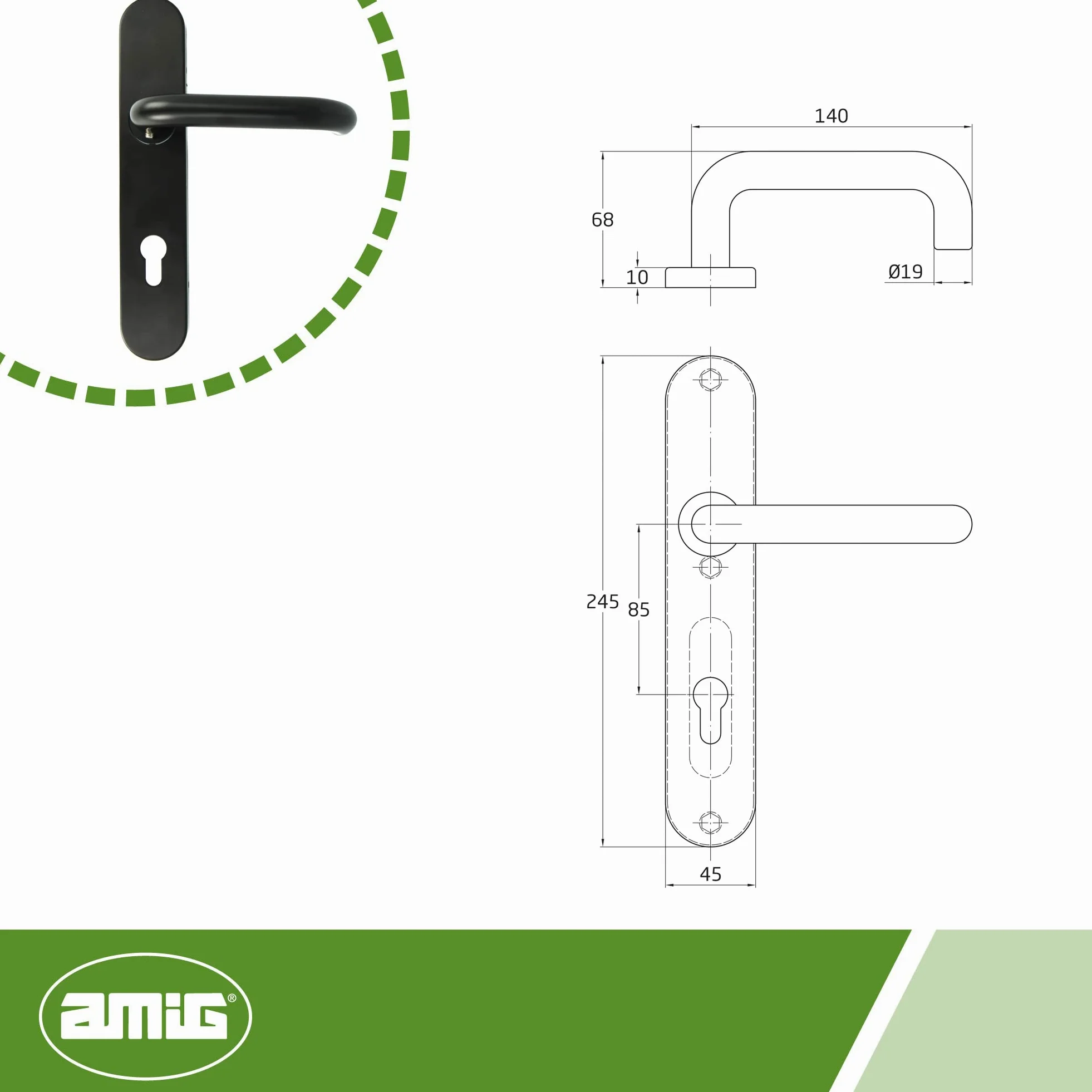 Amig - Juego de Manilla con Placa de Polipropileno para Puertas - 245 x 45 mm - Cuadradillo de 8 mm - Diseño Sencillo ideal para tu hogar u oficina - Con Bocallave - Acero y Polipropileno Negro