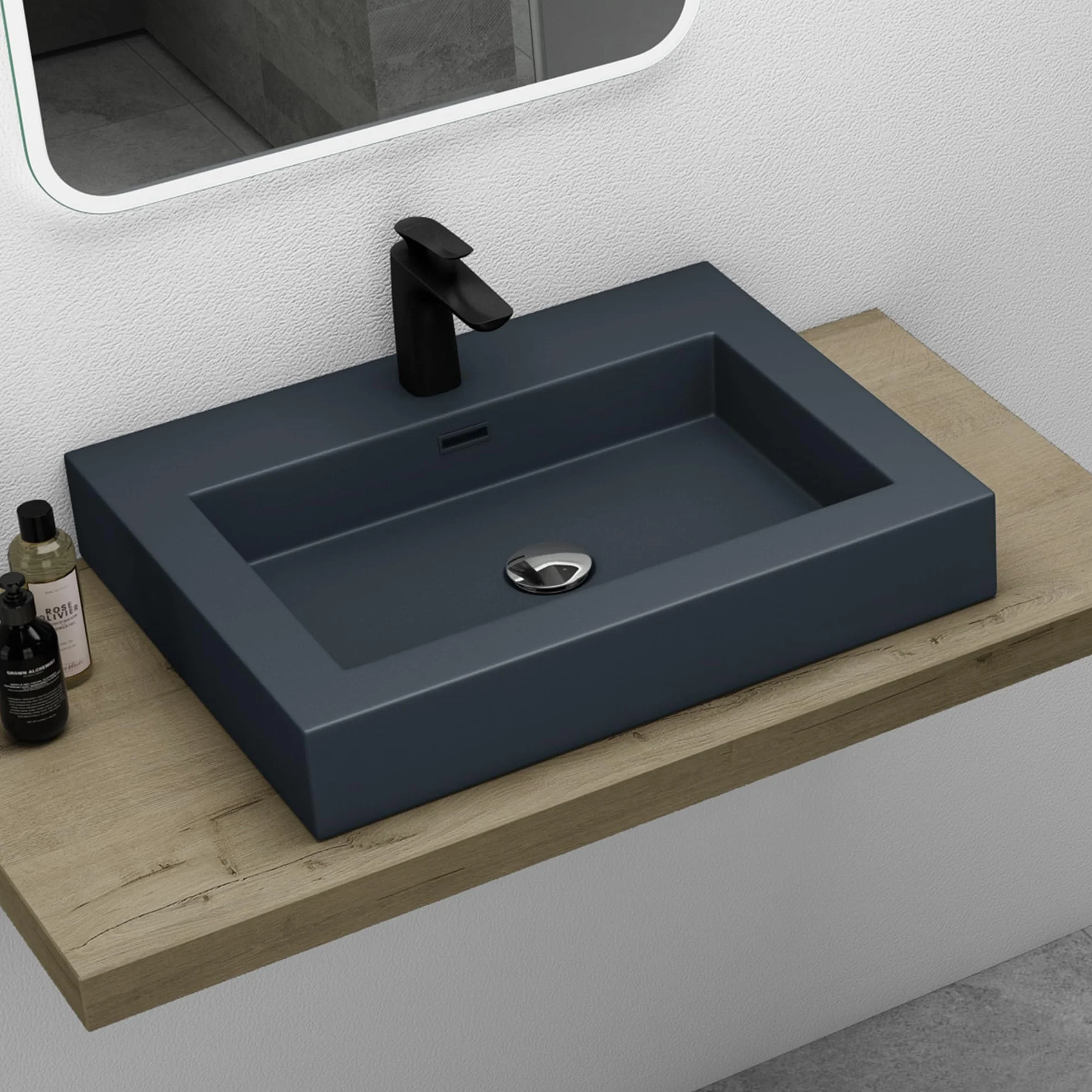 Mai & Mai Lavabo sobre Encimera Baño | Rectangular | Antracita Mate | Mármol Fundido | 60x48x12cm | con Rebosadero y Orificio para Grifo | Colossum18