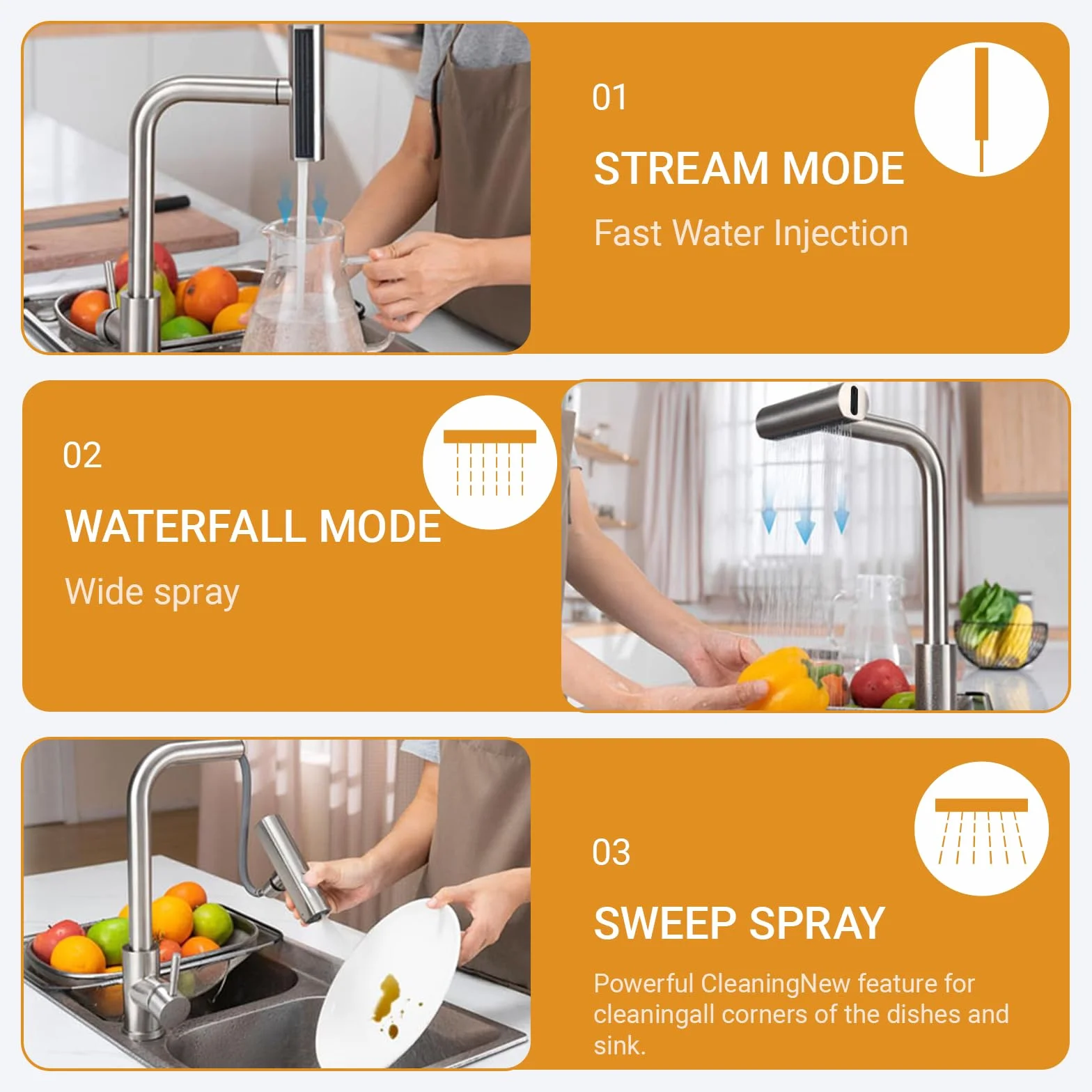 Grifo de Cocina con Cascada, Grifo Giratorio de Acero Inoxidable con 4 Modos de Chorro y Boquilla Extraíble