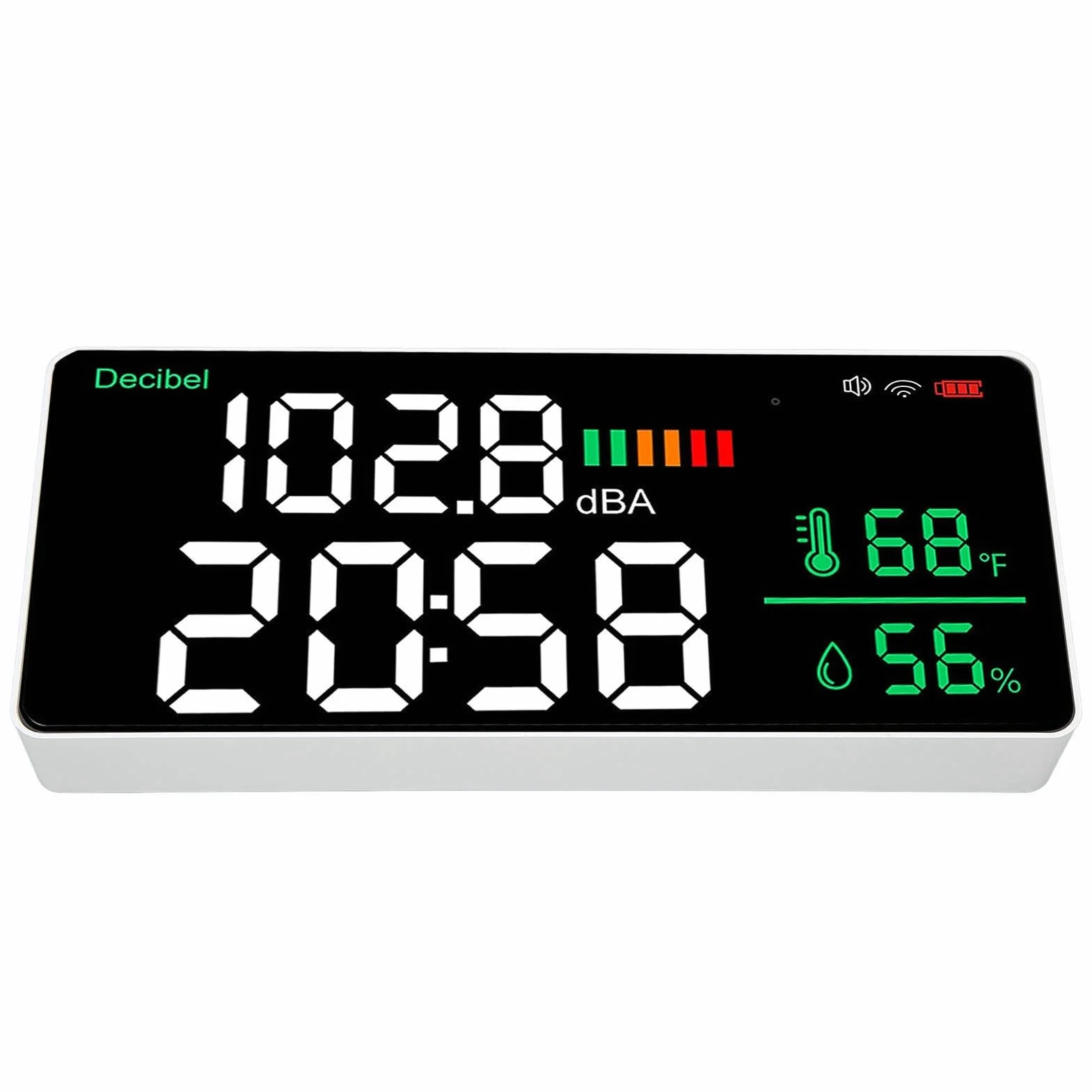 Medidor de Decibelios LED 4 en 1, Medidor de Nivel de Sonido WiFi para Colgar en la Pared, Rango de 30-130 DB, Pantalla LED Grande de 11 Pulgadas, Ruido, Tiempo, Temperatura y Hume