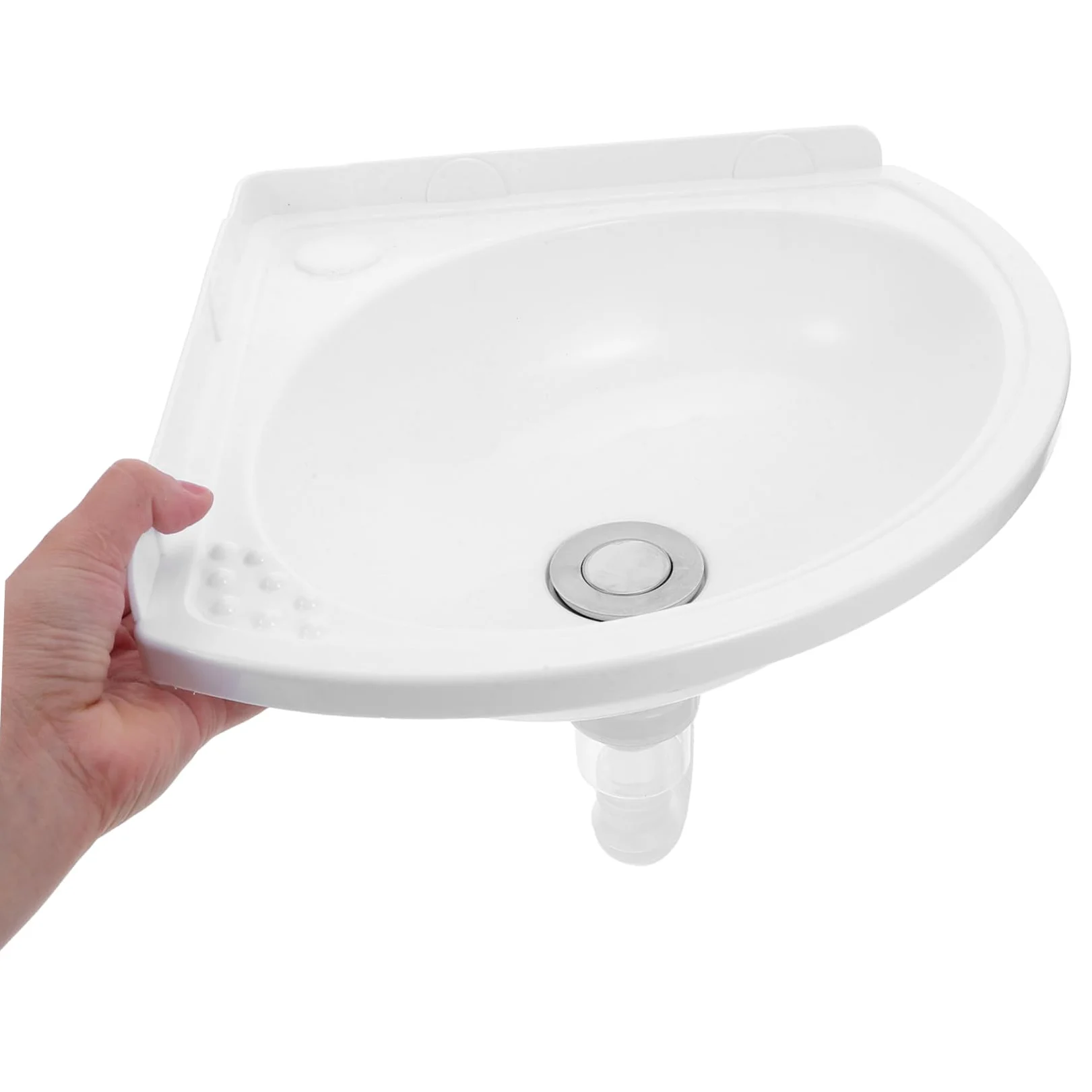WOONEKY Lavabo de Baño Suspendido de Esquina Triangular en Plástico y Acero Inoxidable, Diseño Moderno para Optimización de Espacio y Fácil Mantenimiento en Baños Pequeños