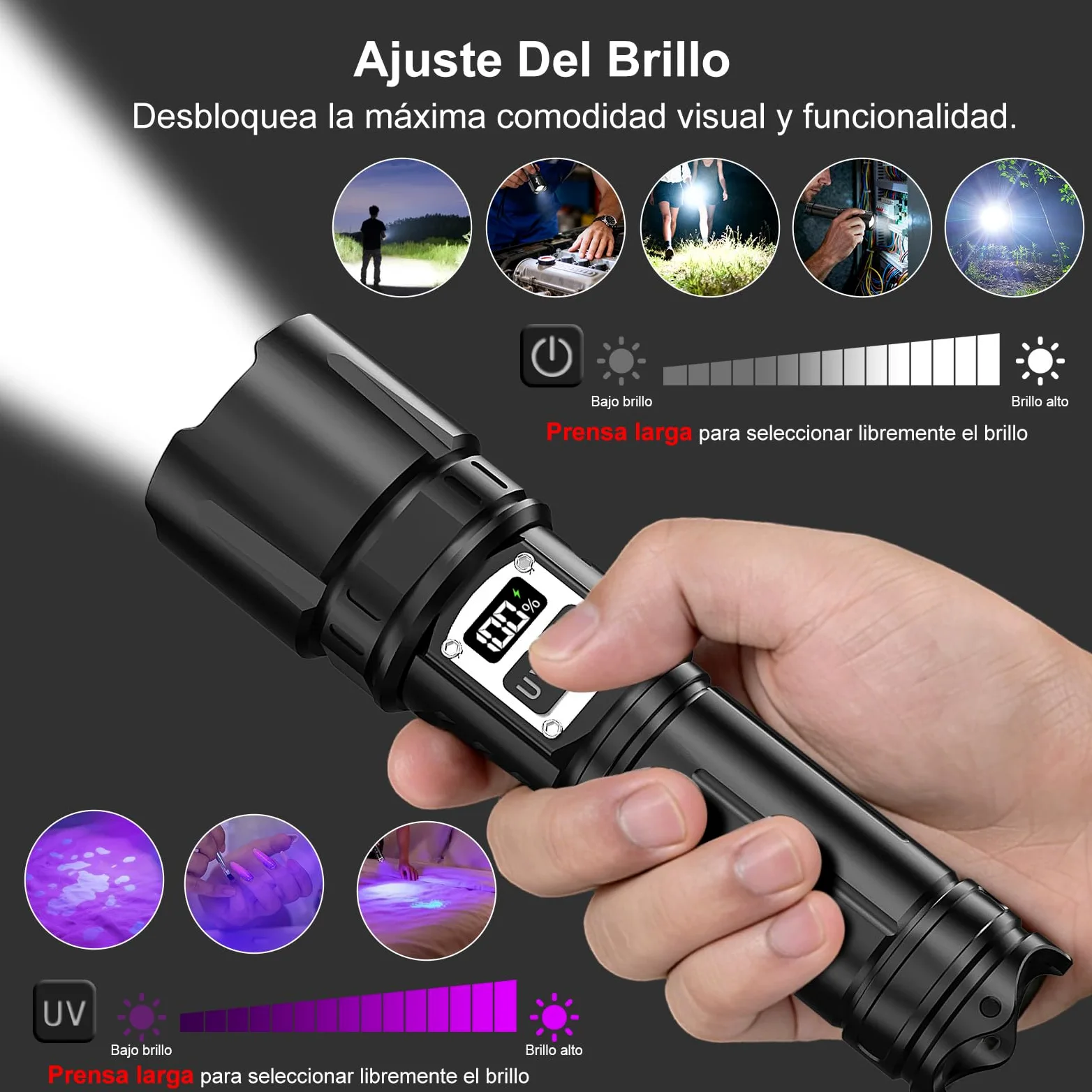 Shadowhawk 2-En-1 Linterna LED Alta Potencia Interruptor Doble 1000000 LM | Ajustar Del Brillo,Linterna Super Potente,Hasta 1000m,Luz Linterna UV para Camping/Emergencias/Detección De Orina De Mascotas