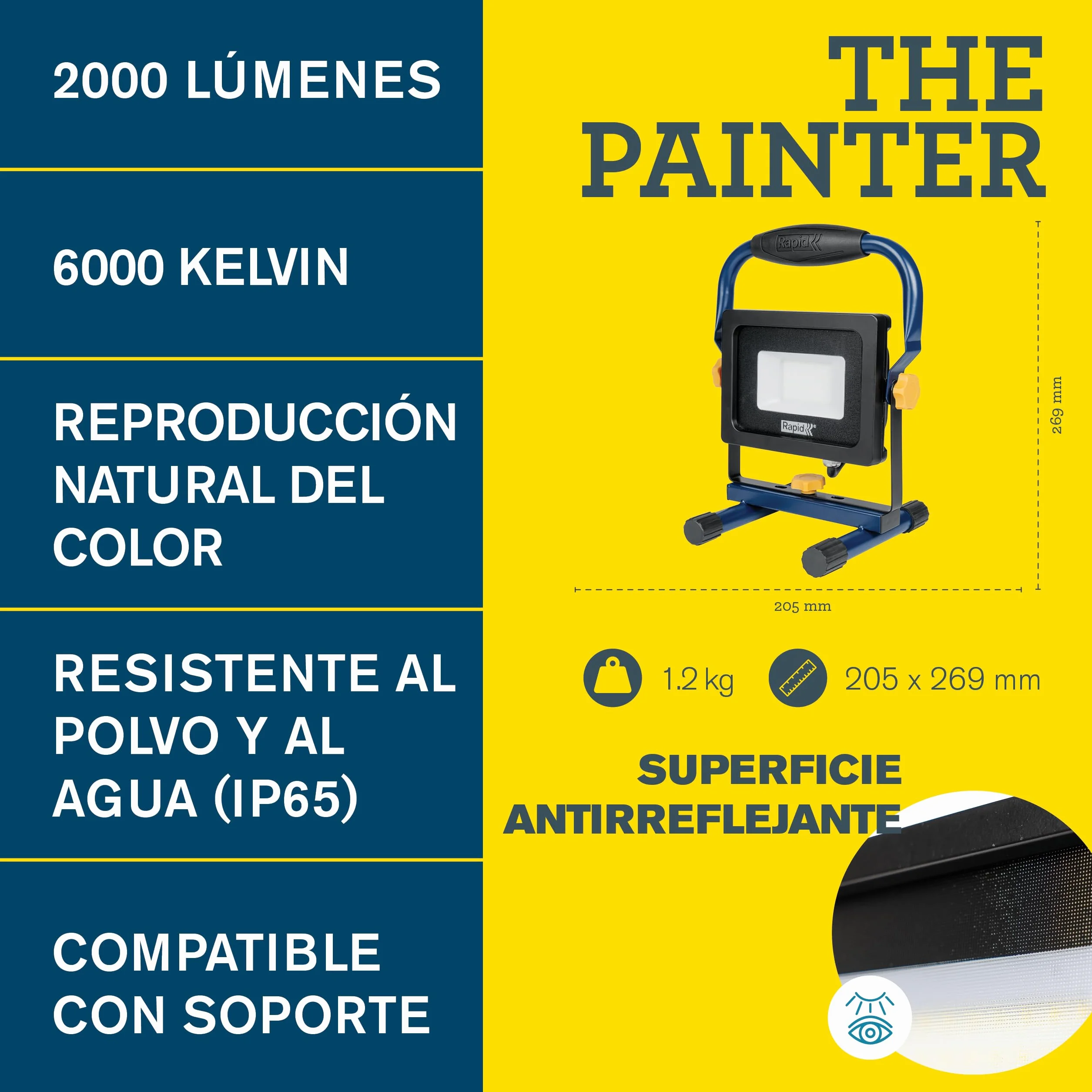 Rapid Luz de trabajo LED The Painter, Potente luz de 2000 lúmenes con ángulo de iluminación ajustable para pintar y empapelar, antideslumbrante, IP65, y temperatura de color de 6000K, cable de 2,5m