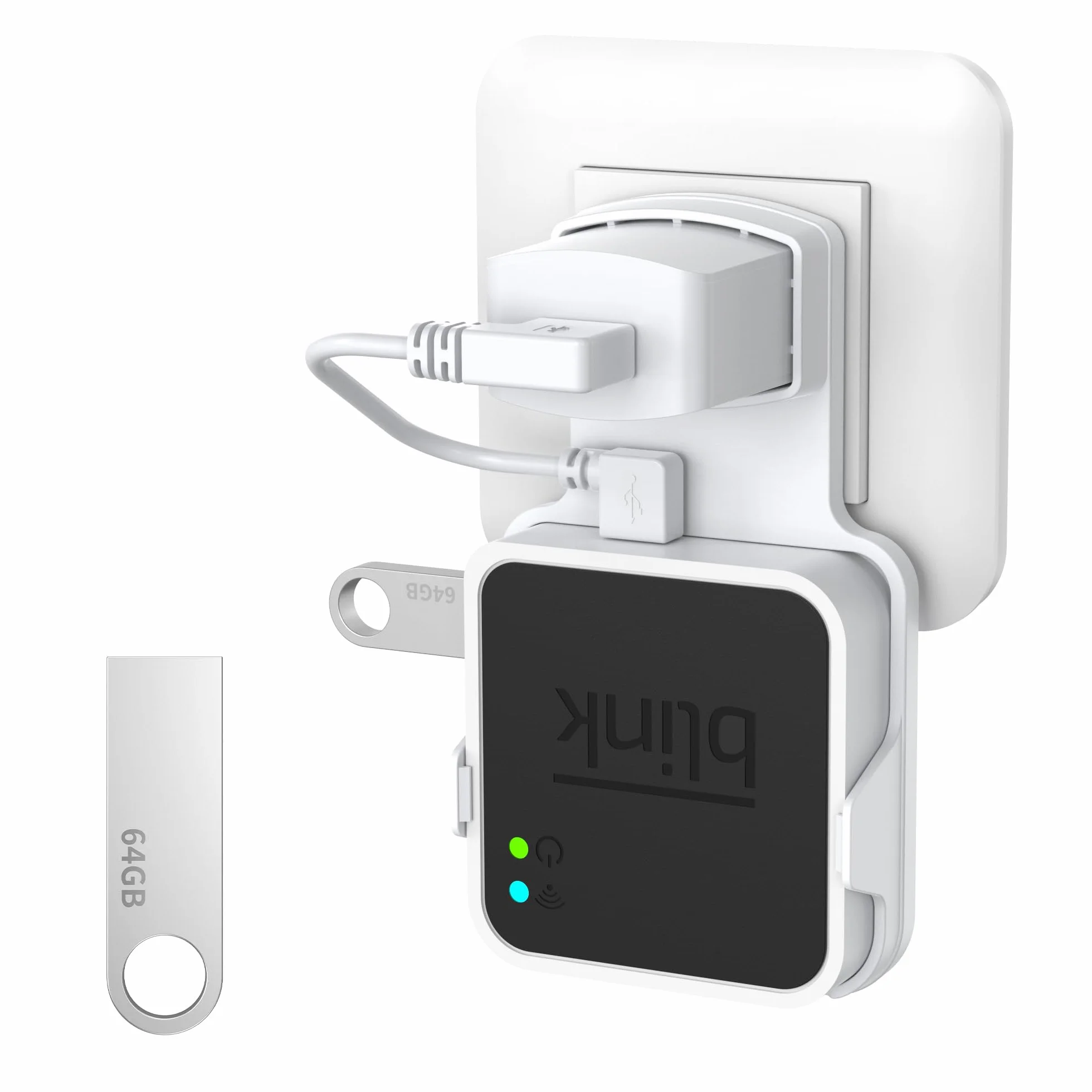 PlusAcc USB 64GB y Soporte de Pared para Blink Sync Module 2 - Base para Enchufe con Almacenamiento Local Blink, Cable Corto (Blanco)