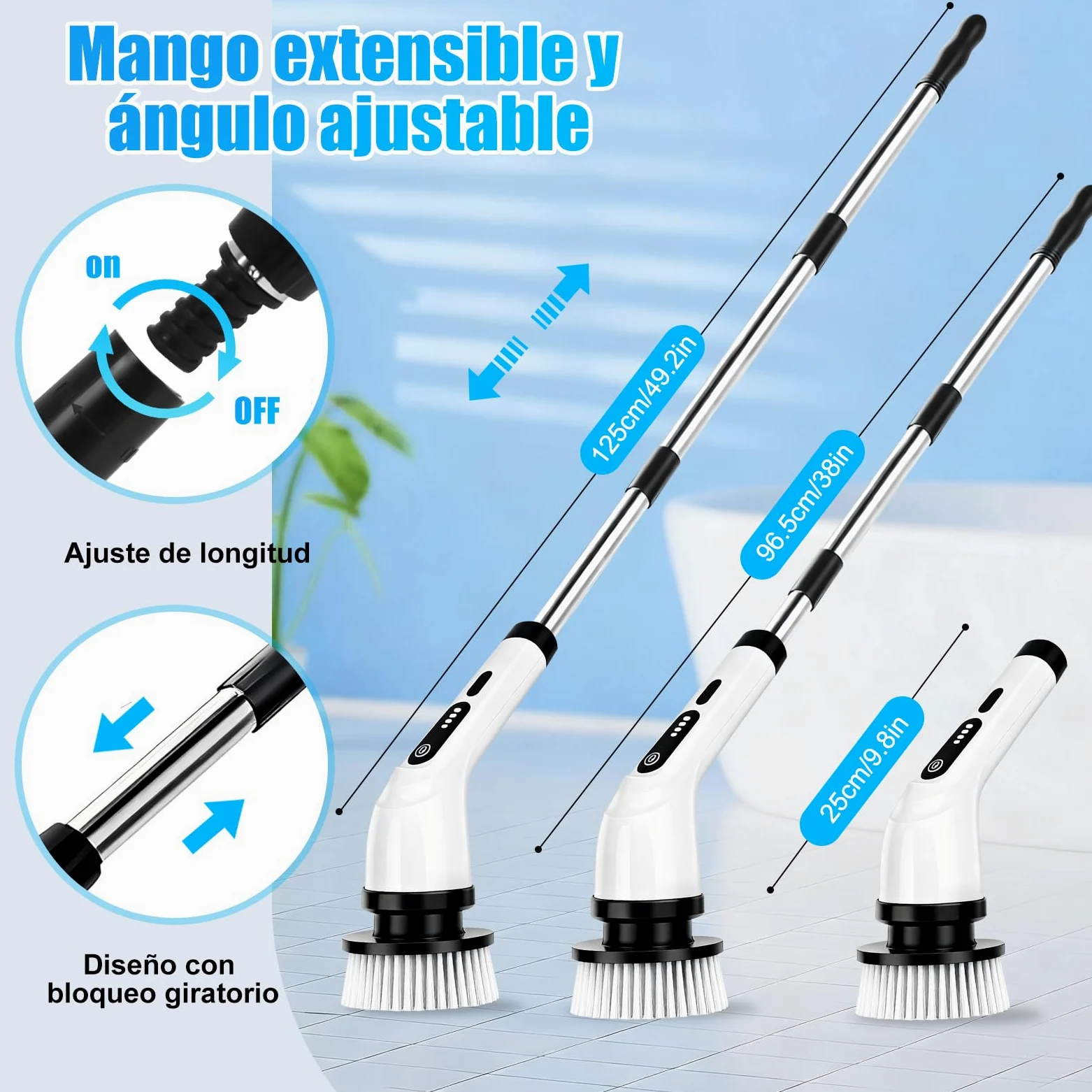 PATEMZON Cepillo Electrico Limpieza Hogar, Cepillo Limpieza Electrico-IPX7 con 9 Cabezales Reemplazables, Dos Velocidades Regulables y Mango Telescópico, para Baño, Cocina, Coche, Azulejos