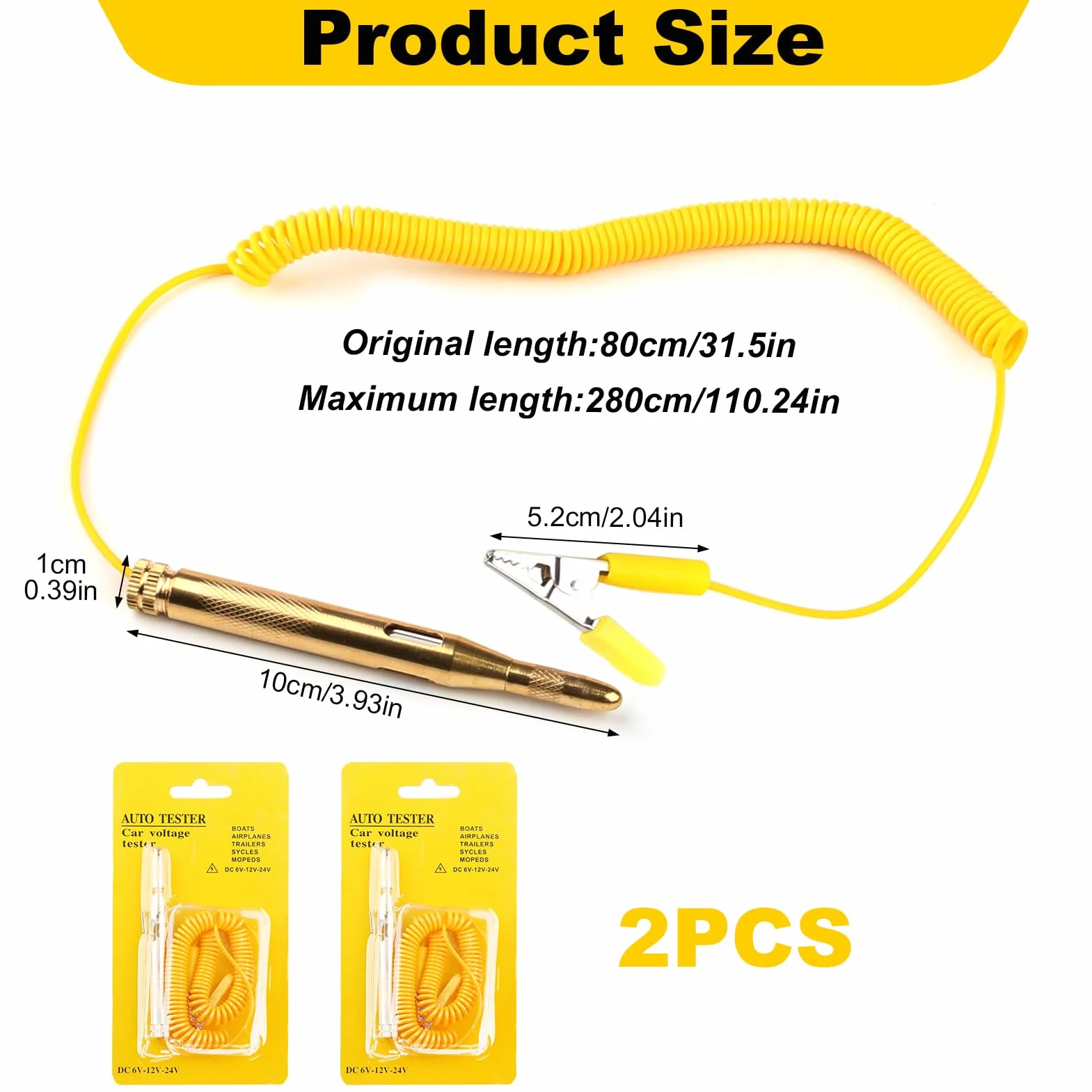 Comprobador Fusibles Coche 6V/12V/24V DC Buscapolos Voltaje con Pinza Cocodrilo Sonda Acero Cable Espiral