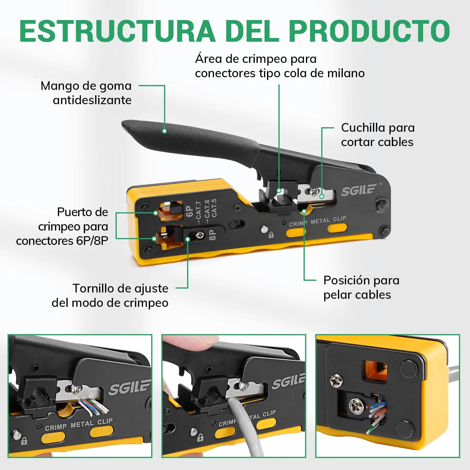SGILE RJ45 Kit Herramientas Completo de Prensado, Cat5 Cat6 Cat7 Máquina Integrada Multifunción, Juego de Pruebas de Cable LAN de Mantenimiento Informático, 50 Conectores CAT6