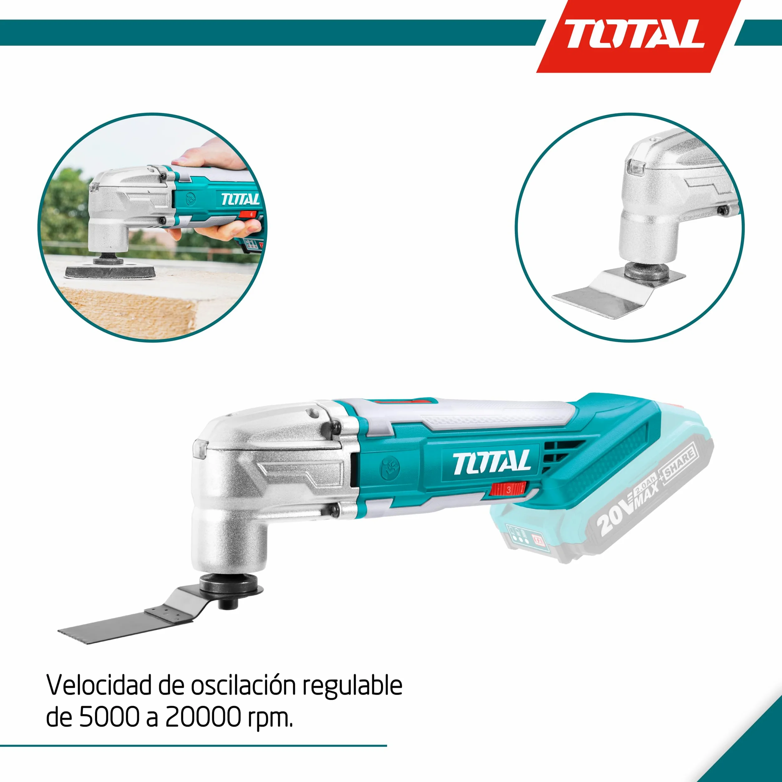 TOTAL - Multiherramienta Eléctrica - A Batería P20S 20 V - Incluye Raspador, Sierra, Sierra Segmentada, Llave Hexagonal y Base de Lija - Incluye 3 Hojas de Lija - Velocidad Regulable