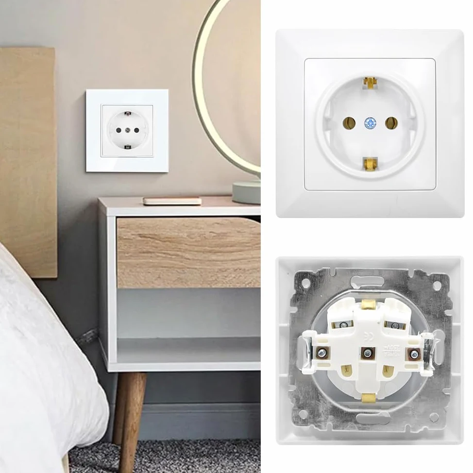 8 Piezas Enchufe de Empotrado Blanco Enchufes de Pared Schuko 16A 250V Enchufes Empotrables Estándar UE para Uso en Interiores (82 mm x 82 mm)