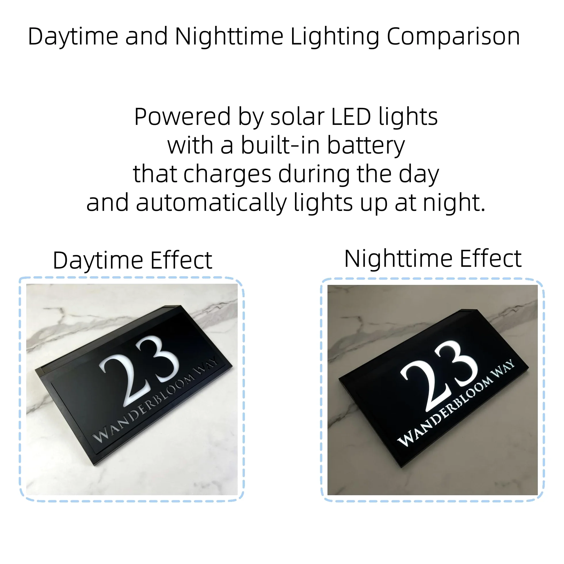Solar LED House Number Sign – Backlit Illuminated Door Plaque for Wall – Weatherproof Modern House Sign for Outside Use (Style 3)