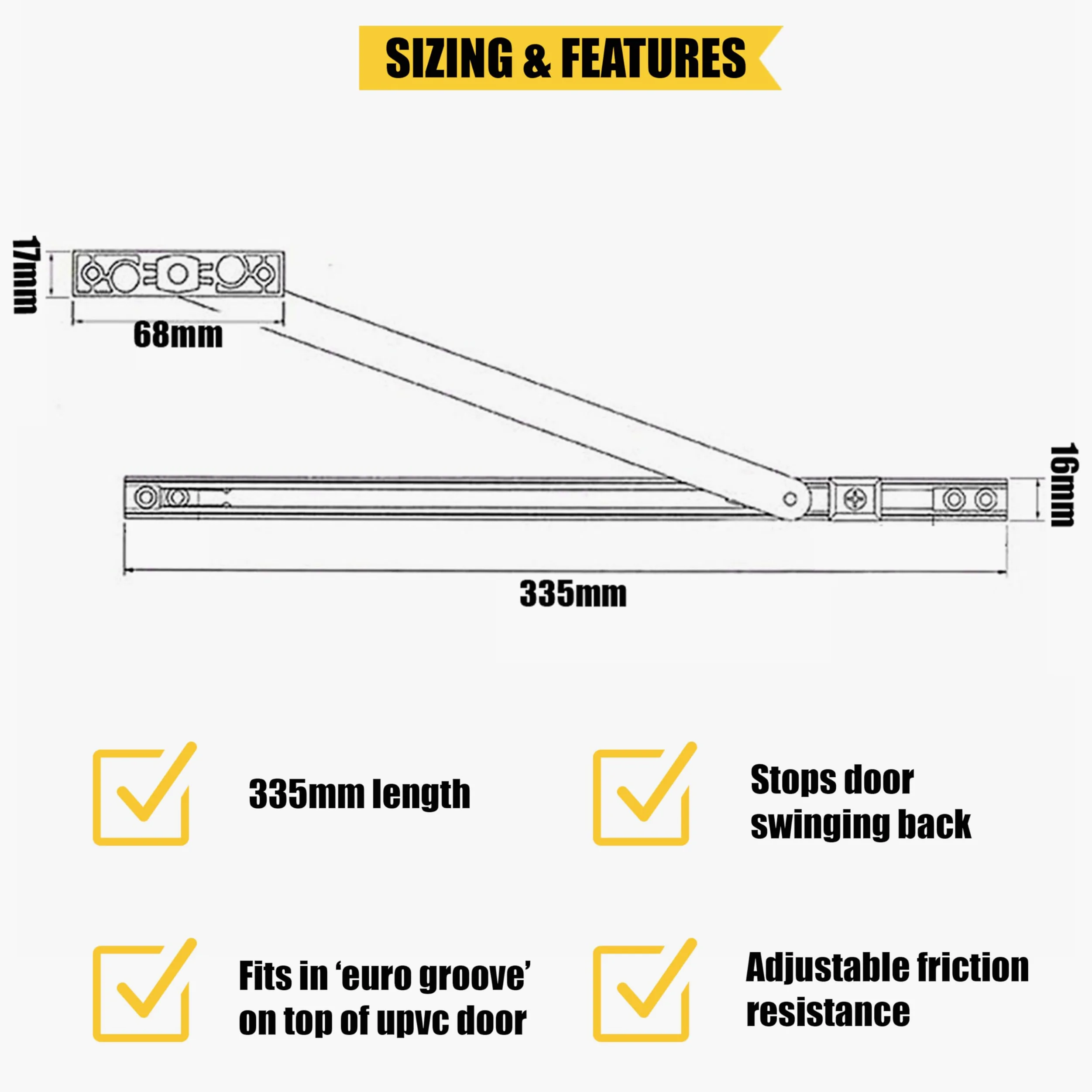 1 x 335 mm Ajustable Fricción Puerta Restrictor Stay para UPVC, Aluminio, Francés, Patio Puerta