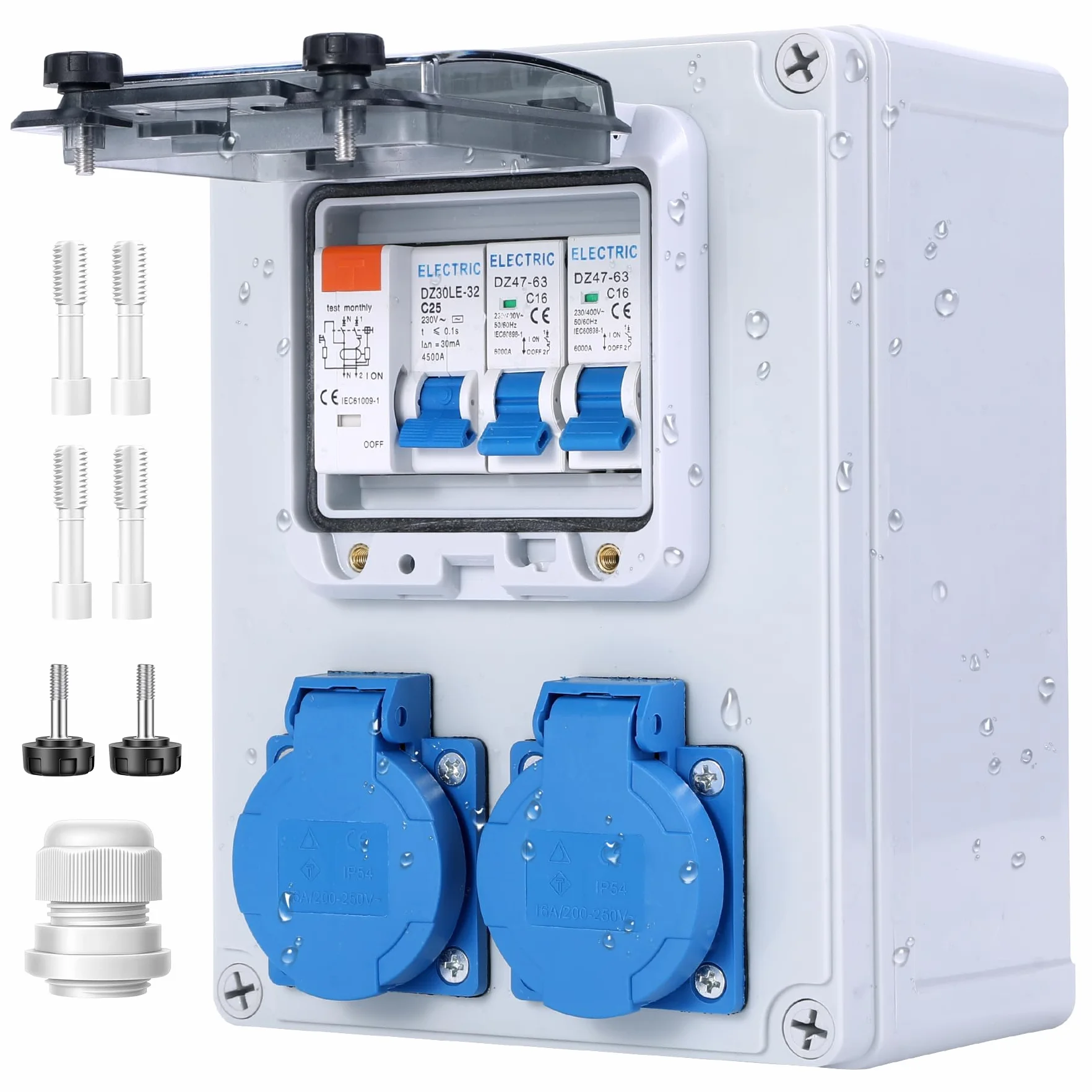 VAYALT Distribuidor de pared precableado, distribuidor de corriente para obras con interruptor FI, 25 A+LS, interruptor de protección 16 A, 2 enchufes Schuko de 230 V, carcasa resistente al agua IP67