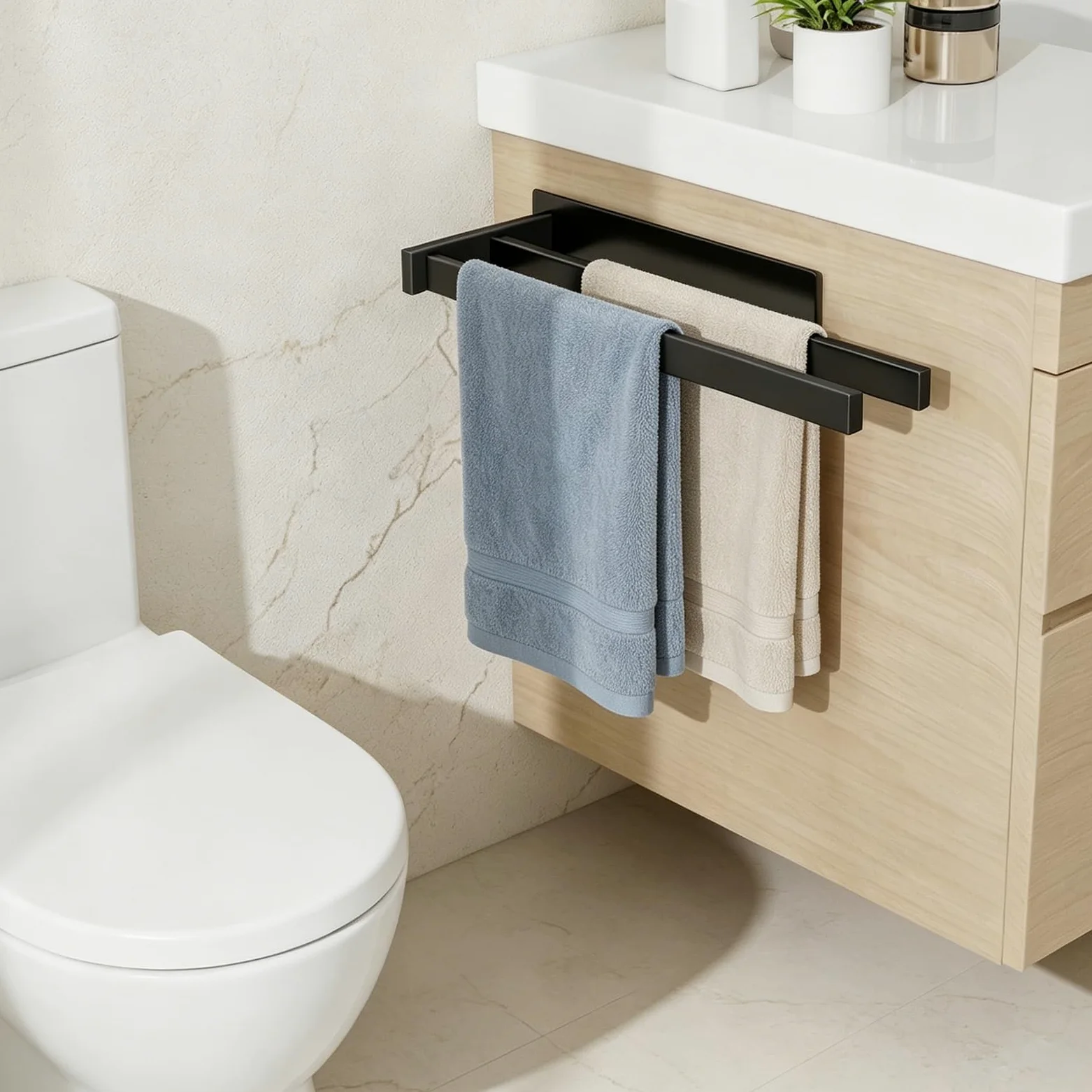 Feligio Toalleros de Baño Sin Taladro Negro 36 cm - Toallero Adhesivo Baño Acero Inoxidable Doble Barra - Fácil Instalación para Cocina y Baño