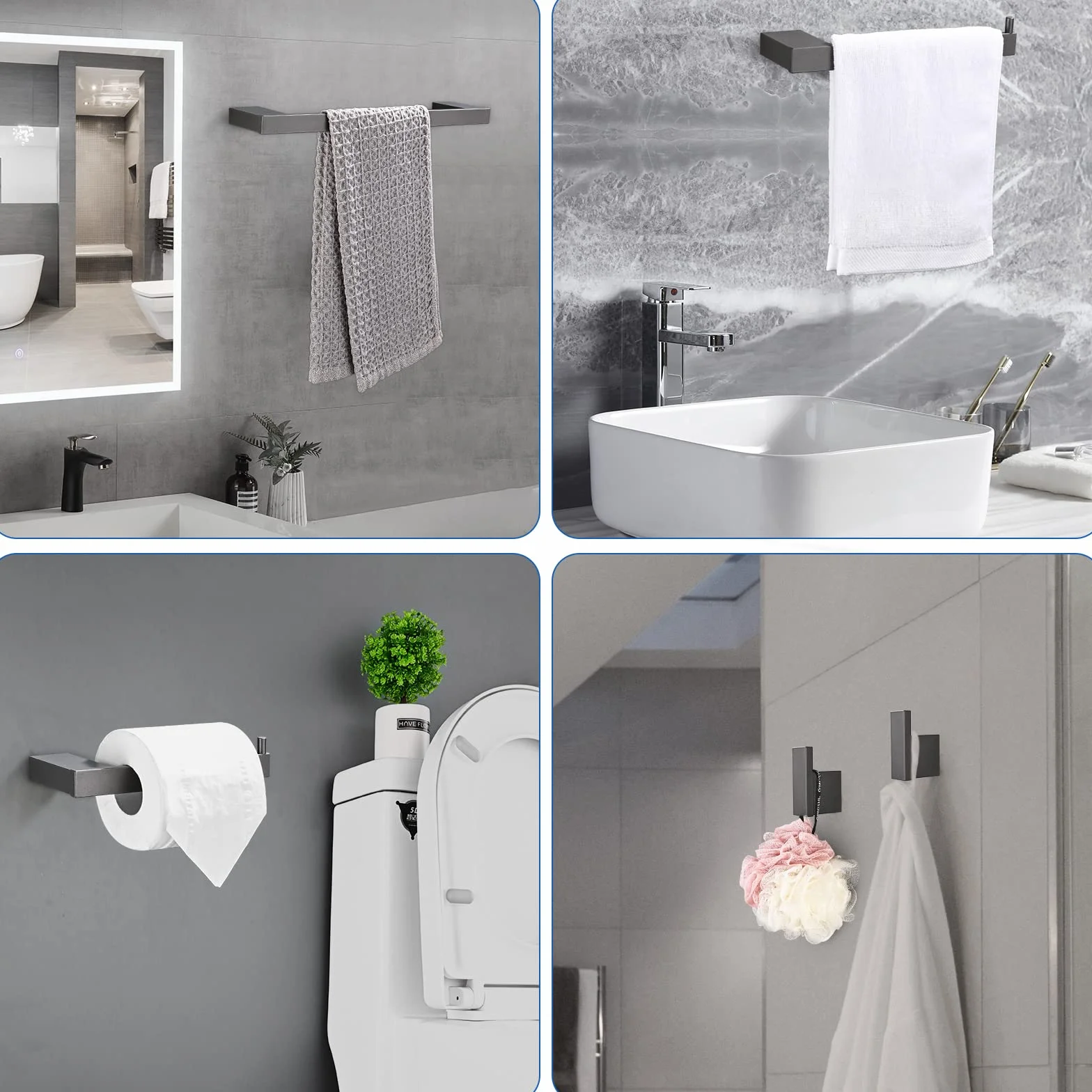 Toalleros de Baño 5 Piezas con Ganchos, Papel Higiénico Instalación de Superficie, Acabado Cepillado Plata