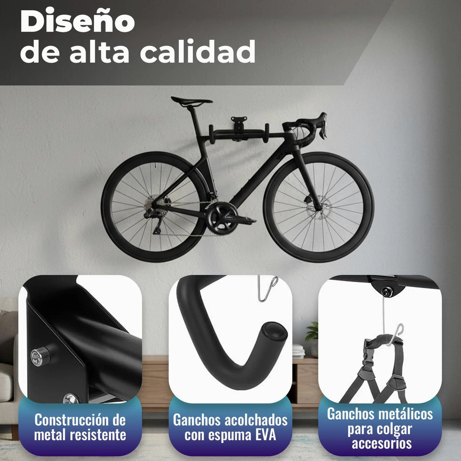 Soporte Pared Bicicleta De Forma Horizontal, Incluye Plantilla e Instruciones De Montaje. Soporte pared bicicleta Ajustable