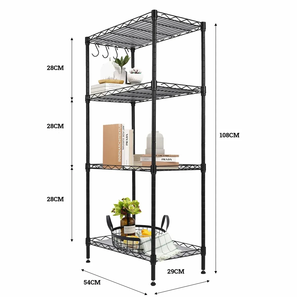 Estantería metal para baño - cocina - garaje ducha 4 Niveles o Estantes de almacenaje - Ajustables en altura 108x29x54cm Metálica Con Ganchos - Fácil montaje - Carga total 275kg - Robusta y fuerte