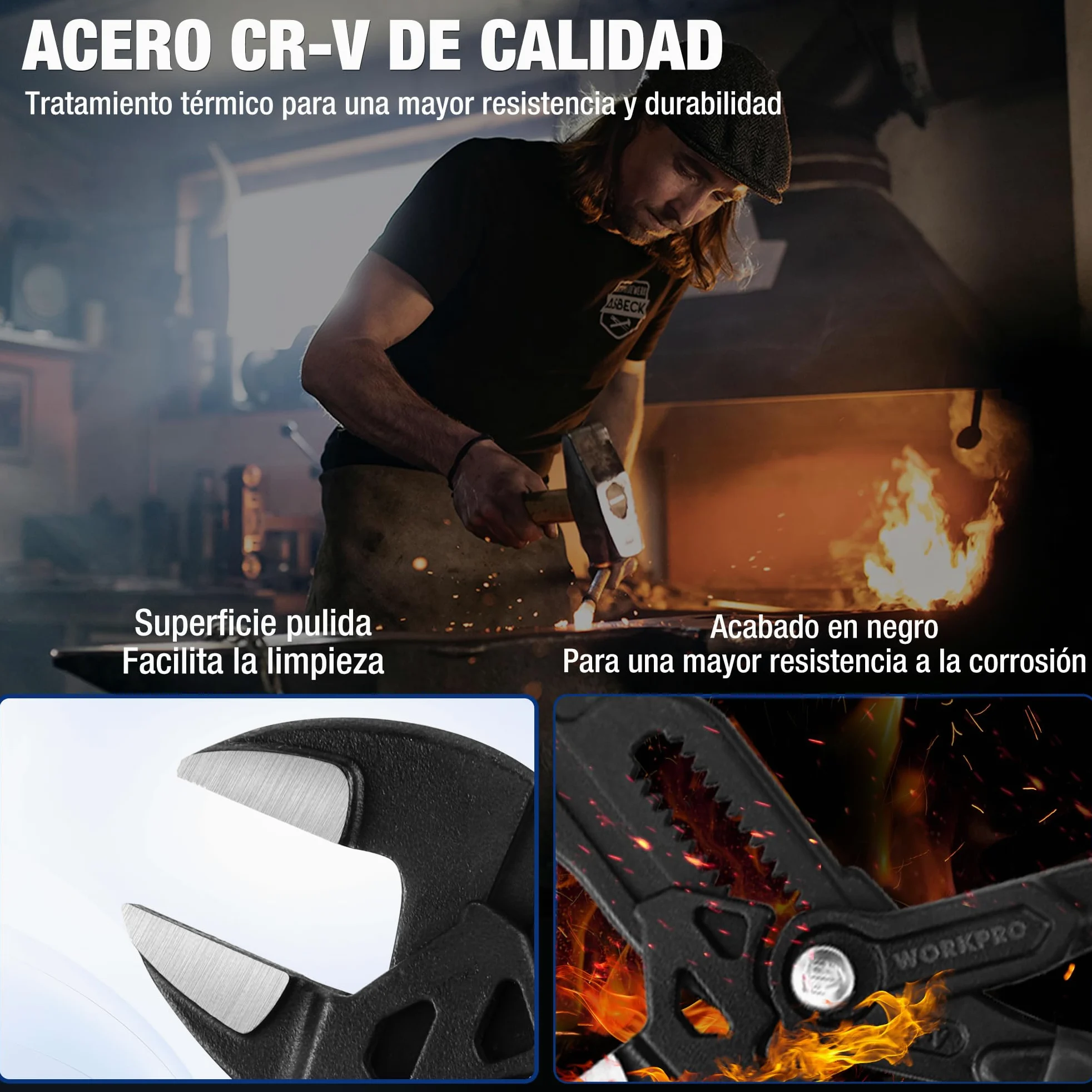 WORKPRO Tenaza Llave de 2 Piezas, 180mm/255mm, Juego de Llave de Alicate de Cr-V, Llave Ajustable, Tenazas con Mandíbula de Autoajuste, Apertura Máxima de Mandíbula 40mm/50mm