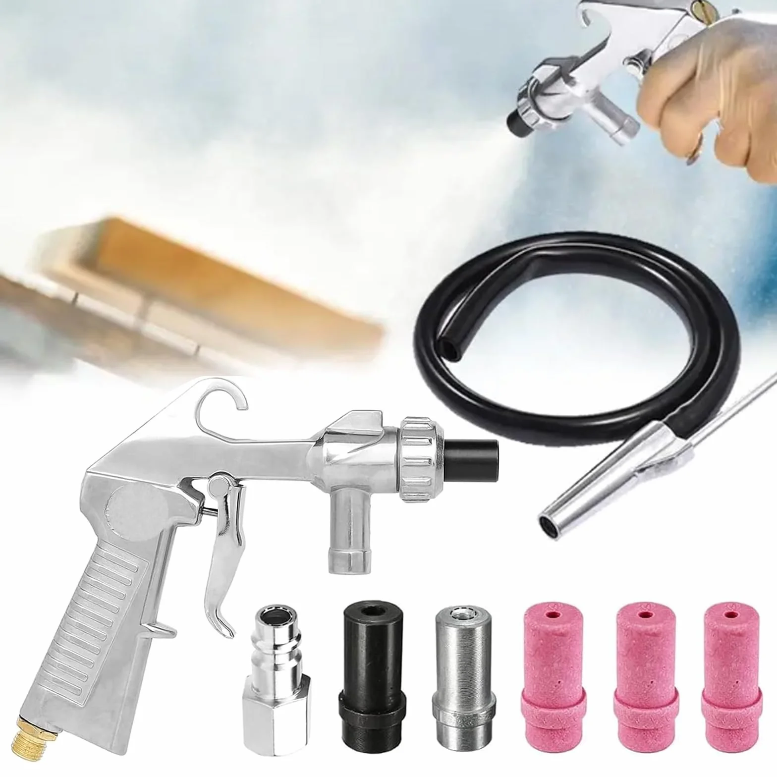 Pistola de Chorro de Arena, Sandblaster Sand Blaster Gun Kit con Boquillas,Pistola de Chorro Arena Neumática con Manguera de Goma de 1m,Pistola de Chorro de Arena de Aire Comprimido
