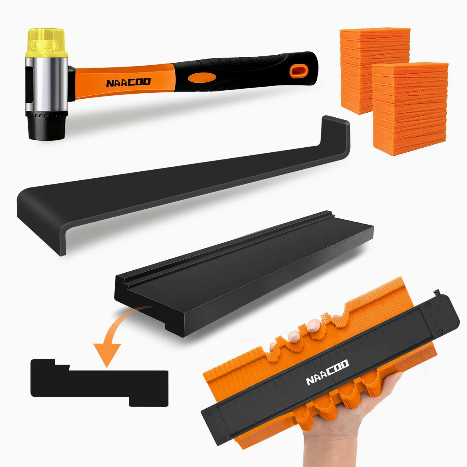 Zozen Herramientas laminadas/bastidores de vinilo, pisos de madera de vinilo golpeando bloques conx, medidor de perfil de 25.4cm, palanca, 40 almohadillas de suelo, martillo de goma.