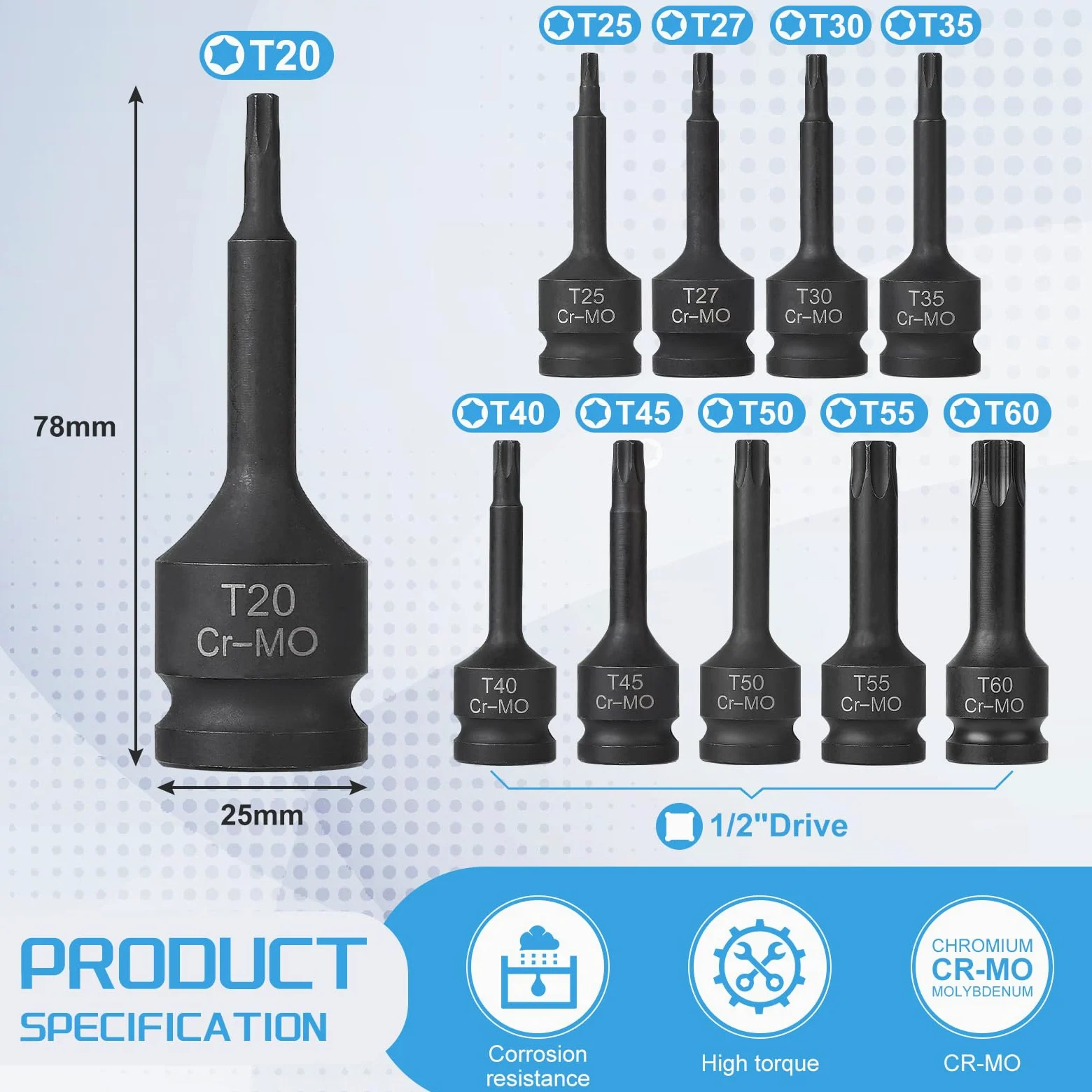 EFUTURETIME 10 Piezas Juego de Llaves de Vaso Torx 1/2", T20, T25, T27, T30, T35, T40, T45, T50, T55, T60, con Caja, CR-MO