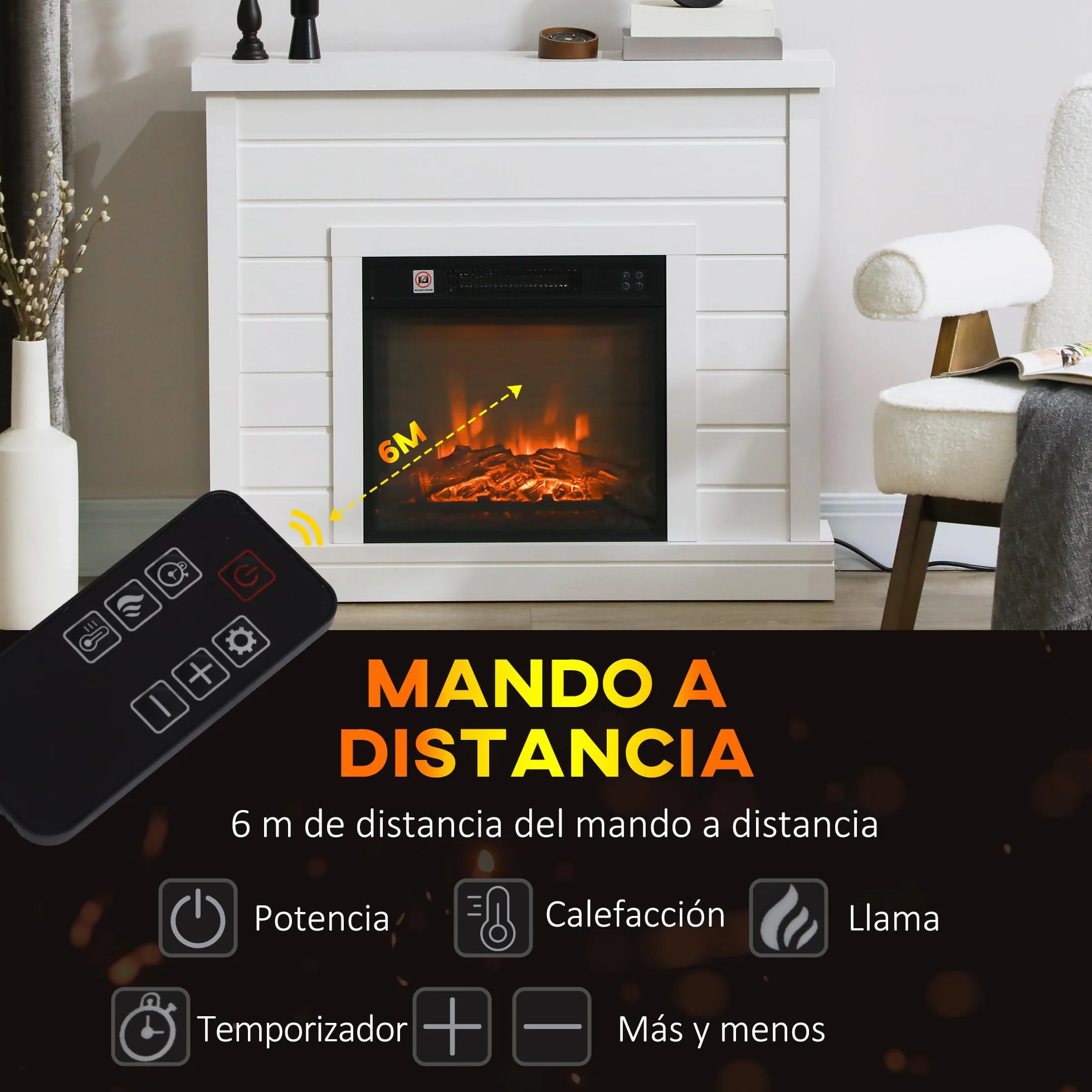 HOMCOM Chimenea Eléctrica, Chimenea Decorativa con Efecto de Llama, Calefacción 1800 W, Control Remoto, Temporizador Semanal, Protección contra Sobrecalentamiento, Blanco