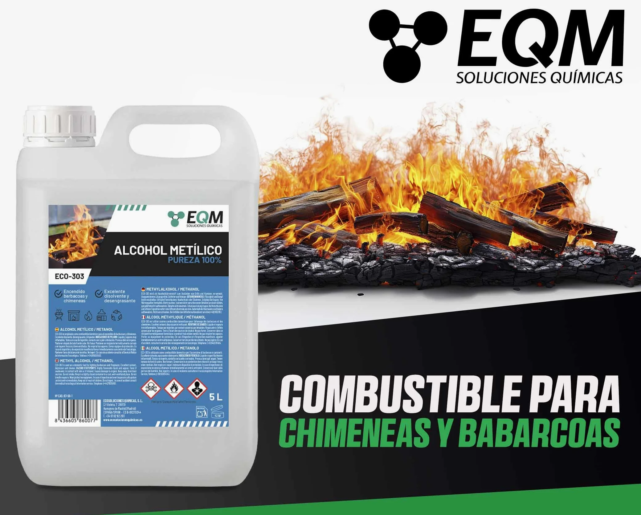 EQM - ECO-303 - Alcohol Metílico 99% Pureza - Metanol - 5L - Combustible de chimeneas y barbacoas - Disolvente industrial, desengrasante y limpiador de superficies