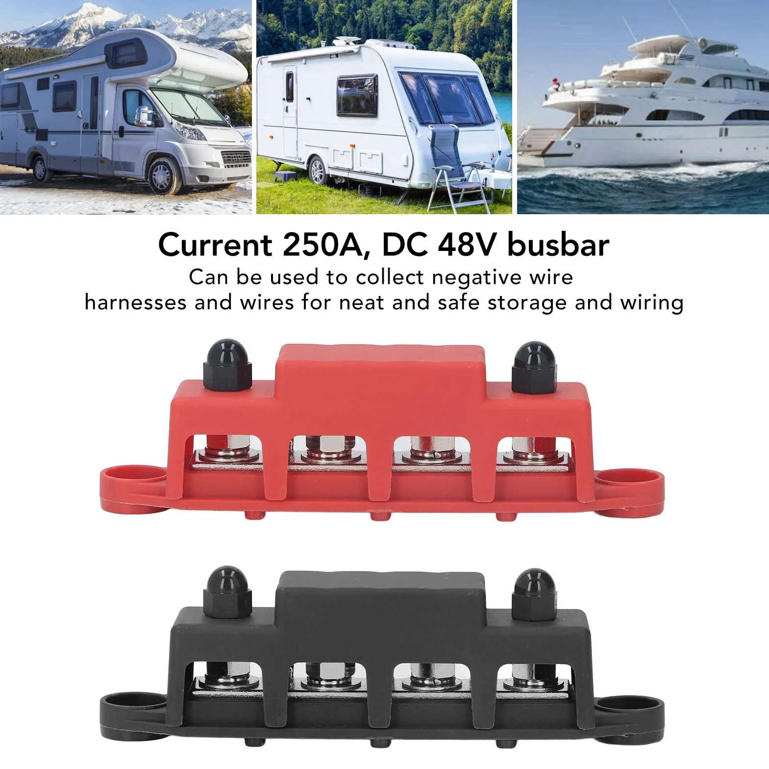 Asixxsix Bloque de Distribución de EnergíA de 2 Piezas, Bloque de Terminales Tornillo M8 Barra de Bus de 4 Terminales CC 48 V 250 A para Automóviles, Vehículos Recreativos, Barcos