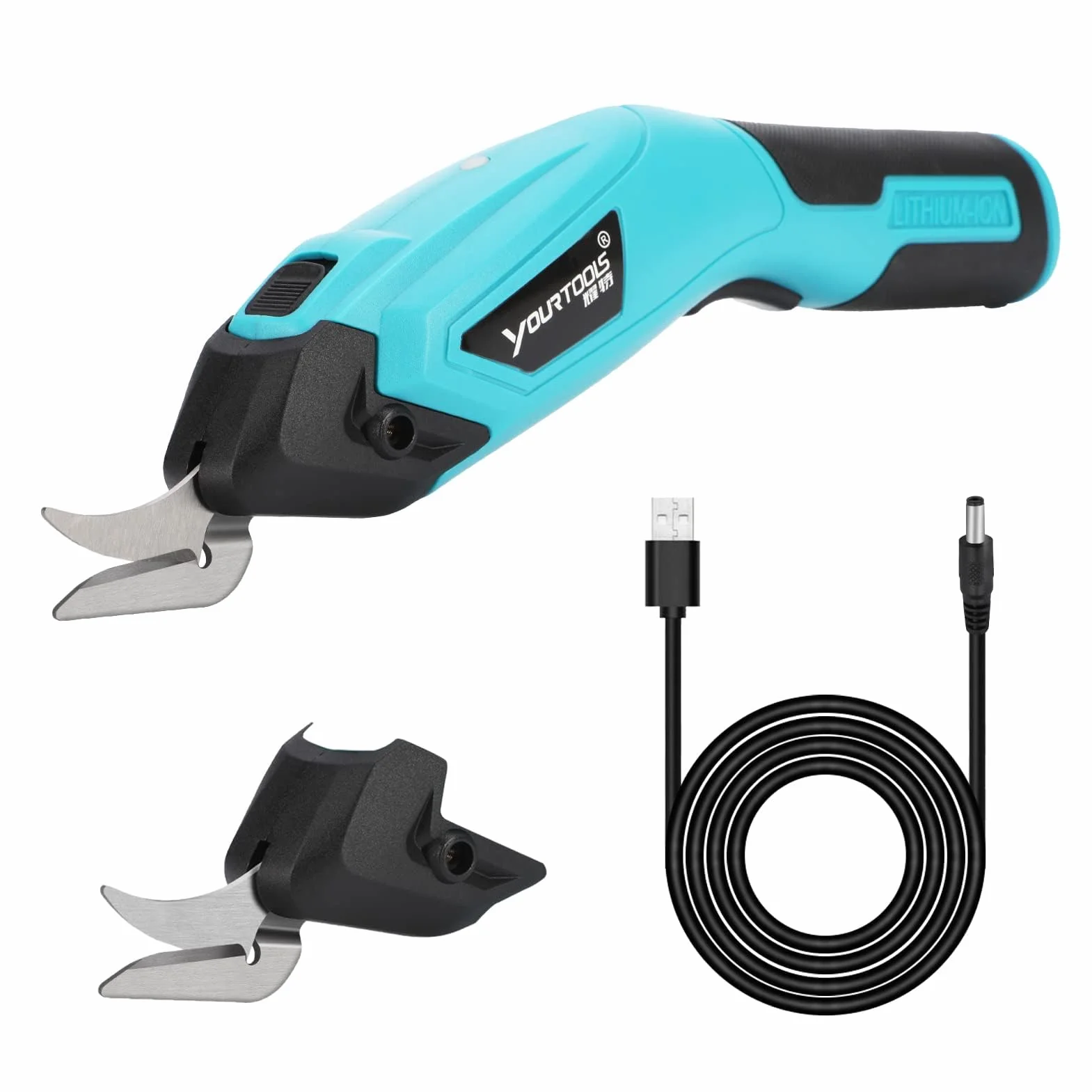 Tijeras Para Tela de Energía Eléctrica, 4.0V con Bloqueo de Seguridad y 2 Cabezas de Corte, Tijeras Electricas Textil y Costura para Corte Papel Cartulina Cuero Alfombra, 8 mm Max, Blue