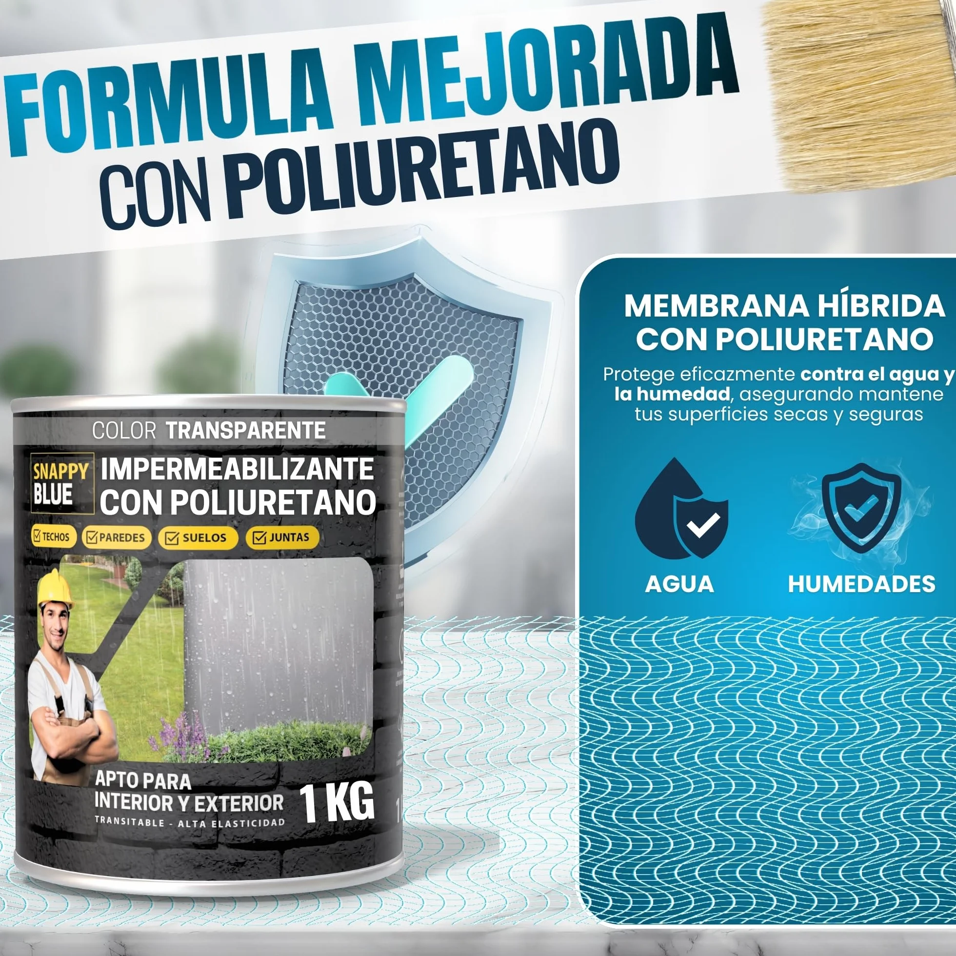 [2kg + Brocha]Impermeabilizante Transparente con Poliuretano, Sellador Impermeable Transparente de Alto Impacto, Revestimiento Impermeable Definitivo Ideales para Techos, Terrazas Interior y Exterior