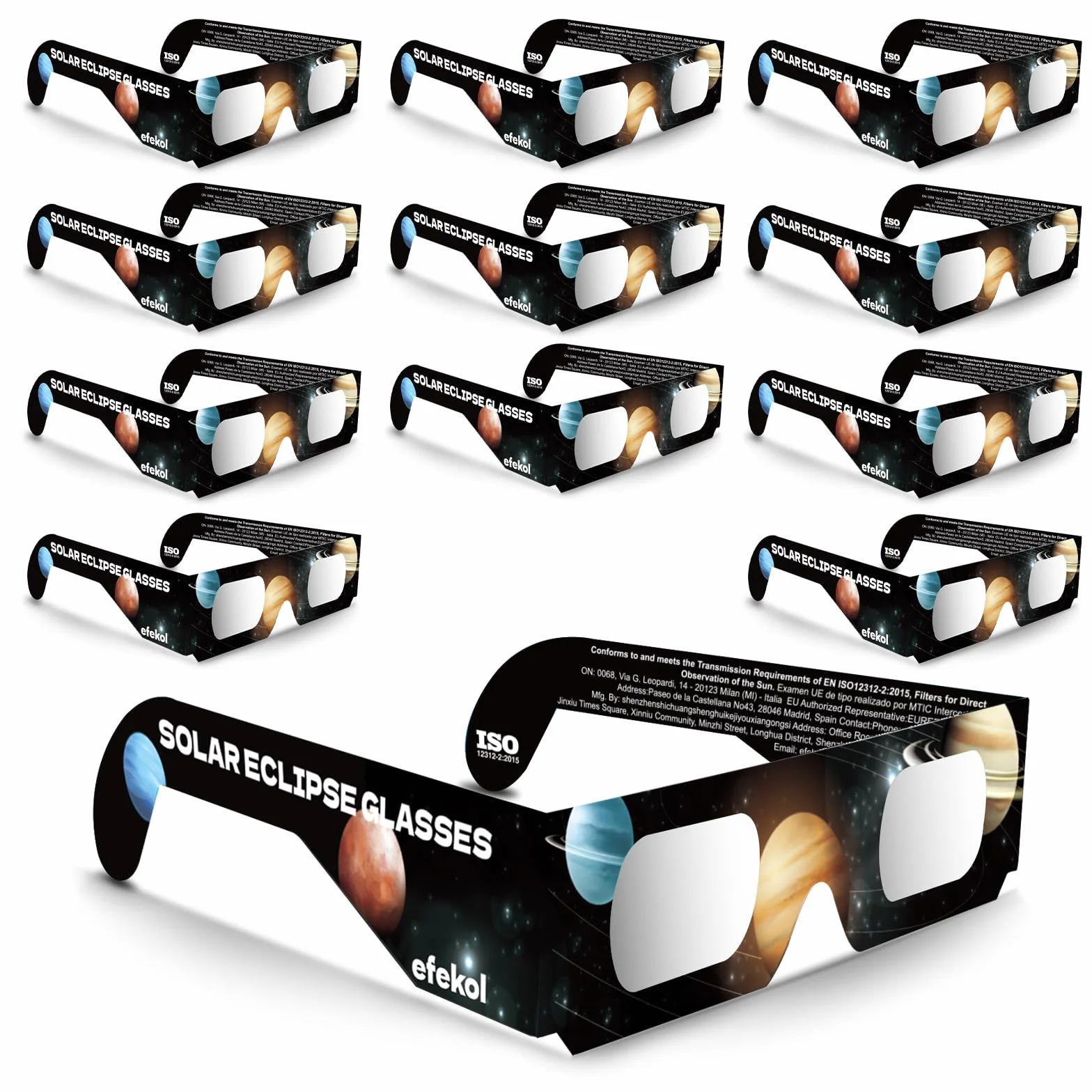Efekol Gafas Eclipse Solar Homologadas 12 Pack CE EN ISO 12312-2 Observación Segura del Sol