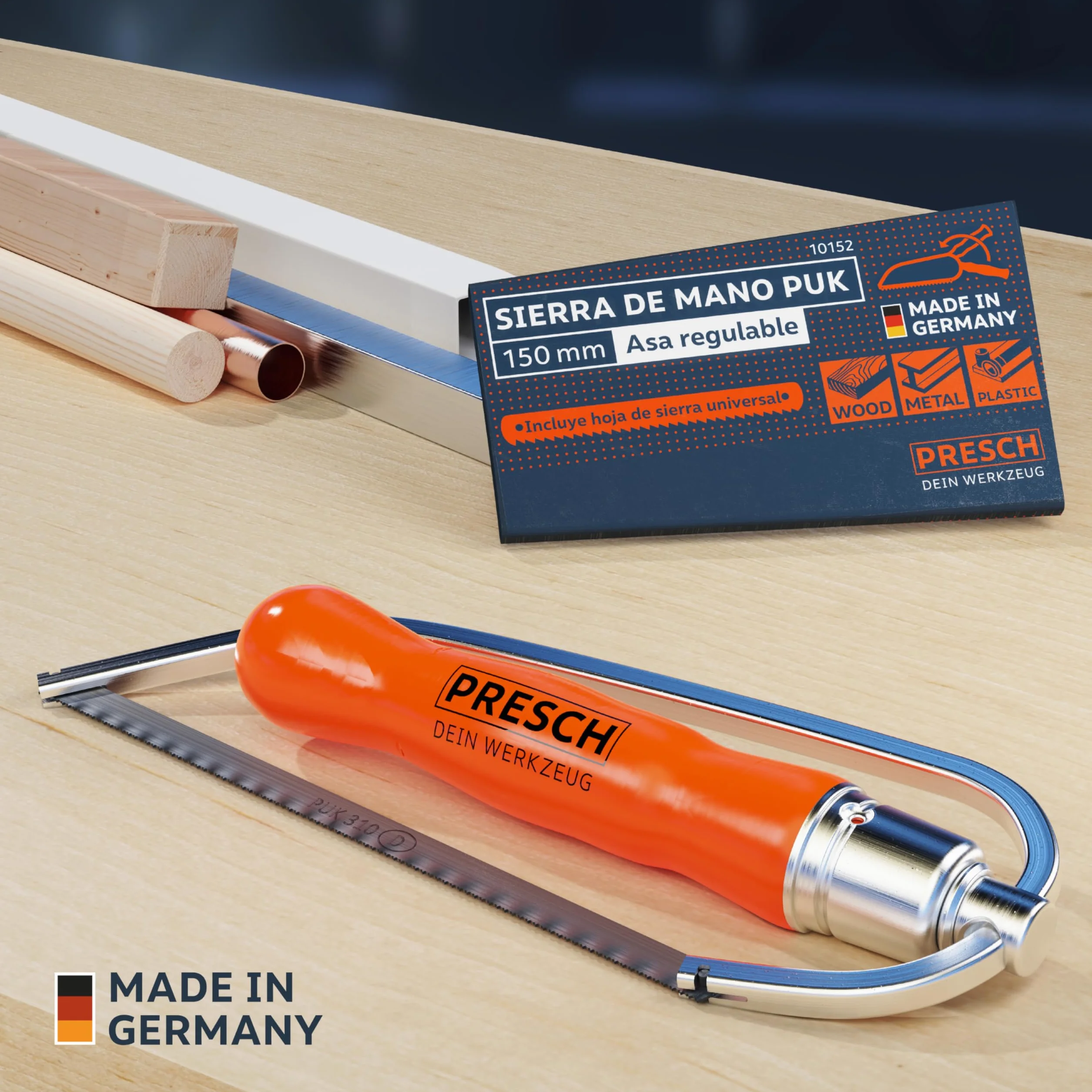 Presch Sierra de arco plegable PUK 150mm para metal no ferroso, plástico, aluminio, madera