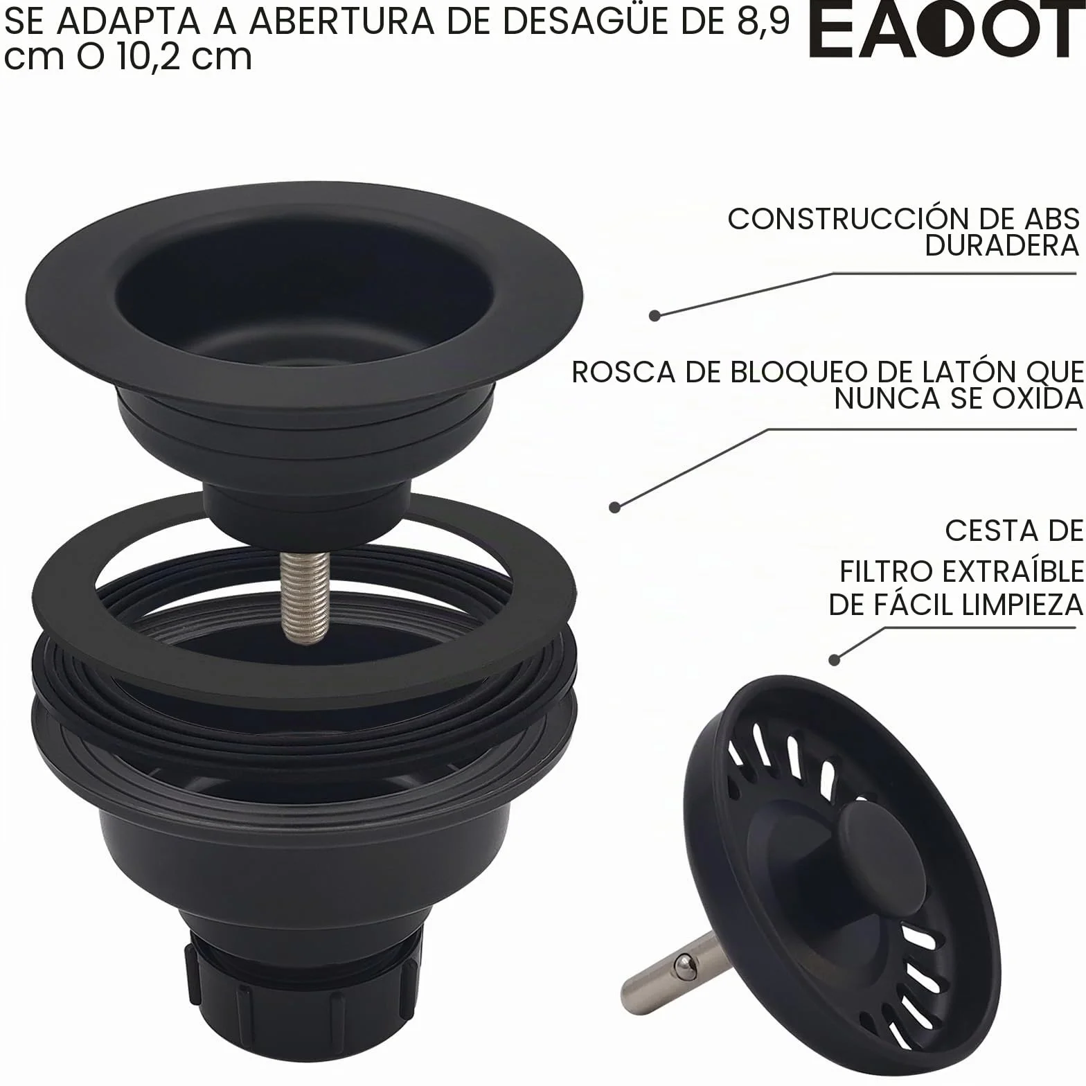 EADOT - Conjunto de Drenaje de Fregadero de Cocina Negro de 3-1/2 Pulgadas con colador de Cesta y tapón, colador de Cesta de Drenaje de Cocina para fregaderos de Cocina de Granito/Arcilla refractaria