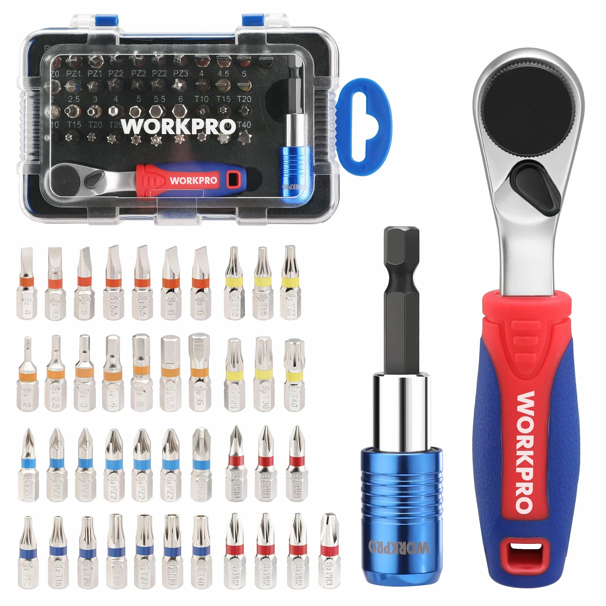 WORKPRO Juego de Puntas de Destornillador 43 Piezas, Mini Destornillador de Carraca 1/4", Mango de Trinquete Reversible 90° con Puntas en Cruz, Estrella, Planas y Hexagonales, Kit Reparación