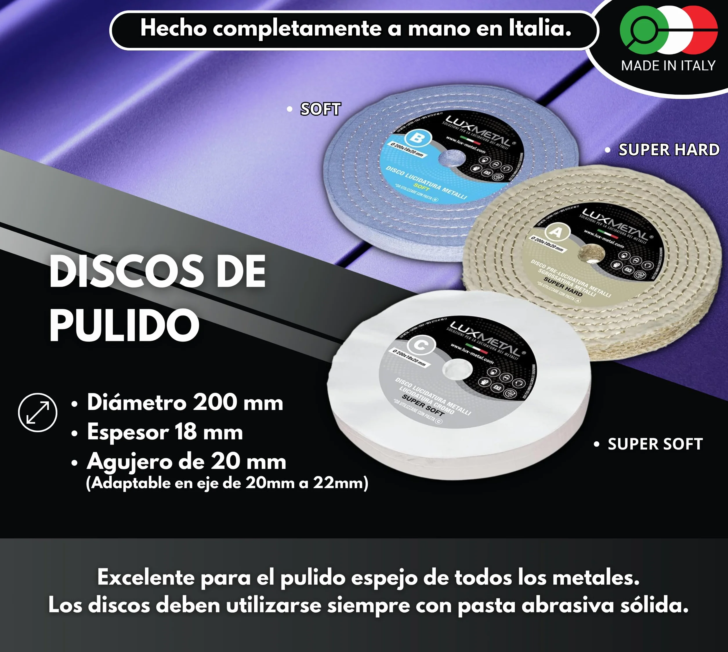 Lux Metal - Kit 3 discos de pulido de 200 mm A-B-C en algodón Set para pulido espejo Aluminio Acero inoxidable Discos de pulido de metales para rueda de amoladora Latón Cobre Madera Mármol Plexiglás