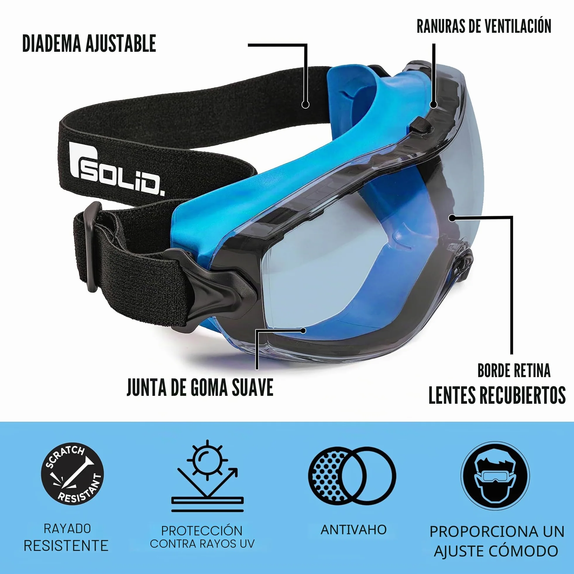 SOLID. gafas proteccion trabajo de ajuste perfecto | Gafas de seguridad a prueba de polvo con ajuste universal | Para los usuarios de gafas | Resistentes a los arañazos, antiniebla & protección UV
