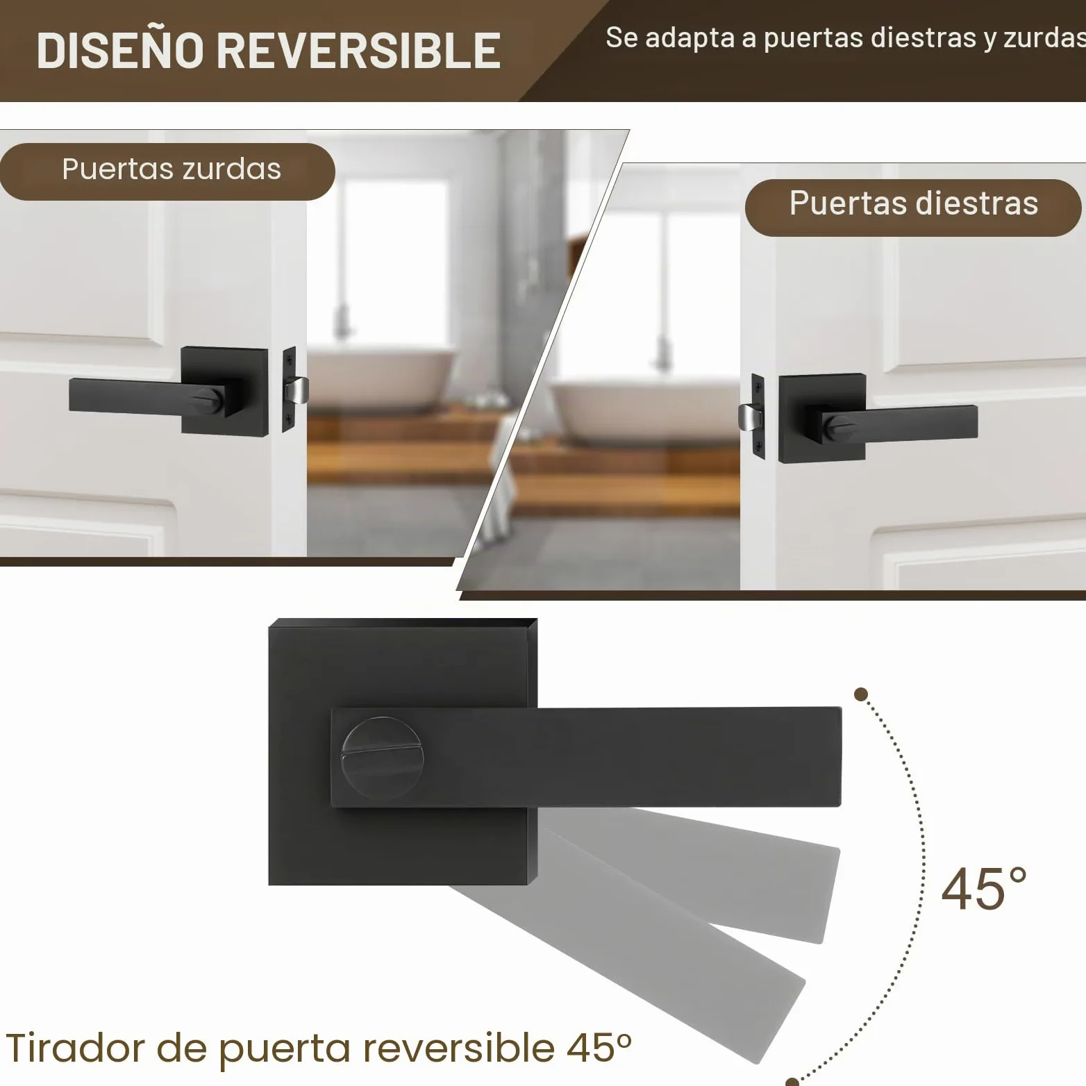 Manilla de Puerta Interior Sin Llave Pomos Puertas para Baño Cerraduras Puertas Interiores en Negro Mate Reversible Para Puertas con Apertura a la Derecha o a la Izquierda