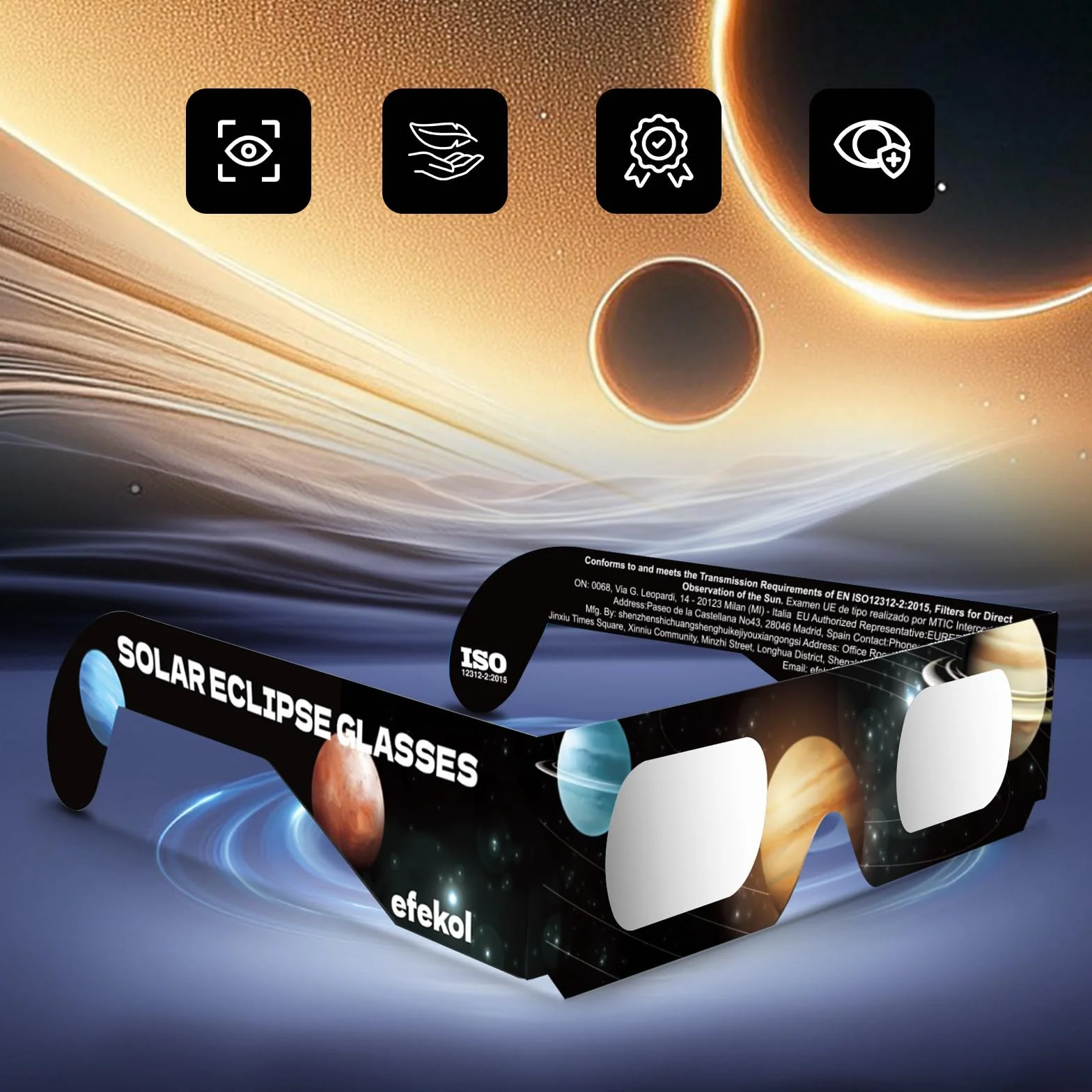 Efekol Gafas Eclipse Solar Homologadas 12 Pack CE EN ISO 12312-2 Observación Segura del Sol