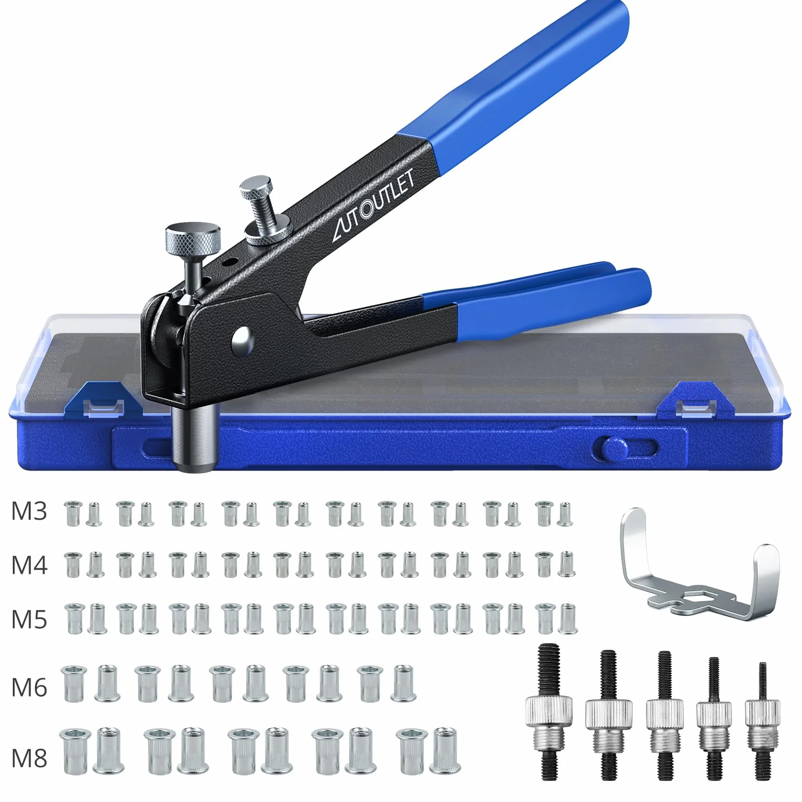 AUTOUTLET - Juego de 86 Pinzas para Tuerca de Remache con Mandriles M3, M4, M5, M6, M8 y 80 Tuercas de Remache, Pinza de remachar roscada de 25,4 cm, Pinza para remachar Ciego, Azul