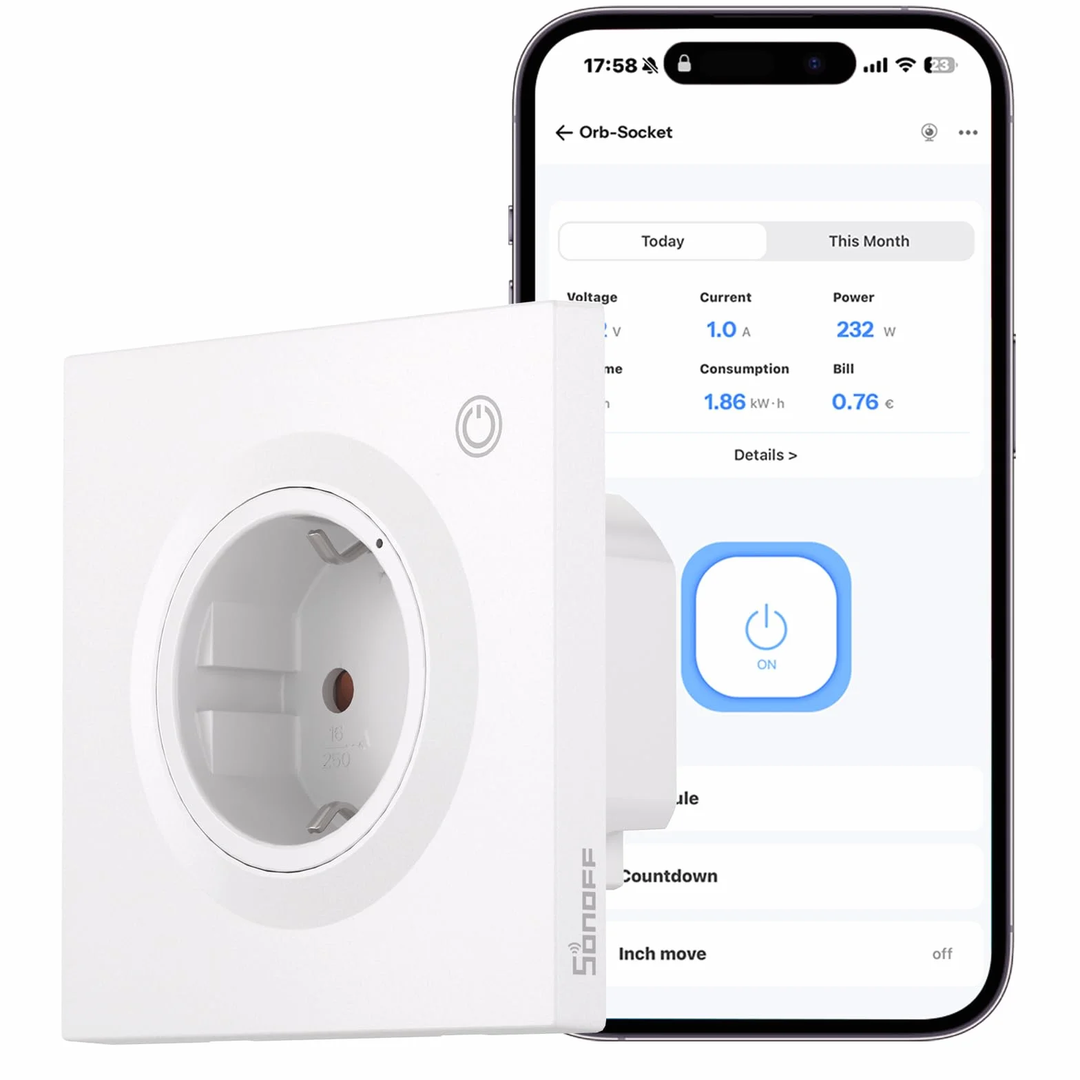 SONOFF Fusion, Orb Socket(Schuko), WS01TPF-E, Enchufe de Pared Inteligente, Compatible con Matter, Wi-Fi 2.4GHz, Estándar UE, 16A, 4000W, Monitoreo de Energía, Protección contra Sobrecargas