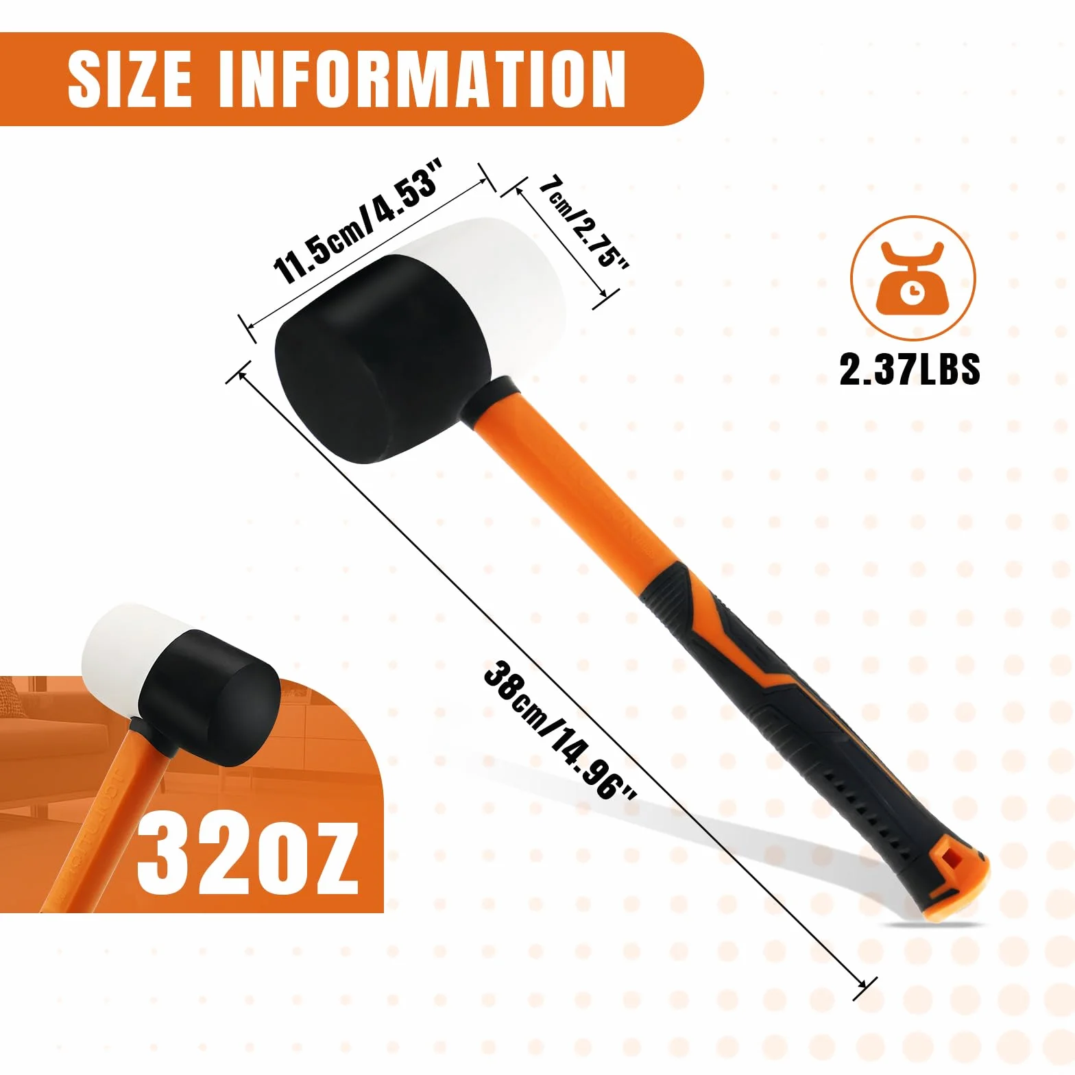 Mazo de goma - Mazo de cara blanda de 32 oz para la instalación de suelos y carpintería - Con mango de fibra de vidrio para proteger la superficie Rubber Mallet