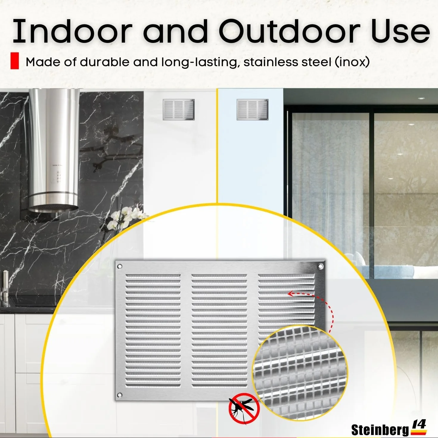 Steinberg14 Rejilla de Ventilación de Acero Inoxidable 300x200mm, con Protección Contra Insectos, ideal para ventilación, medidas 30x20 cm